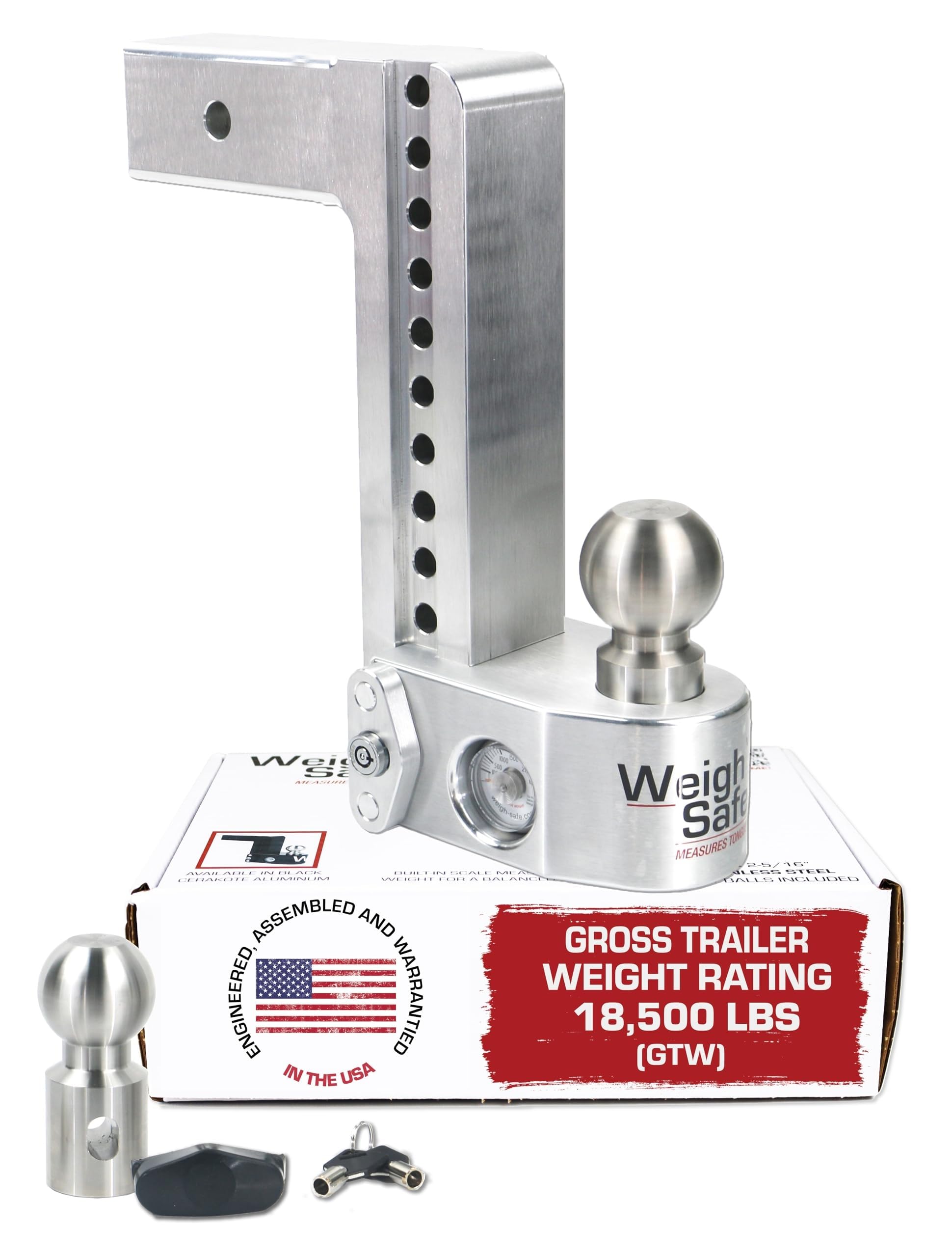 Weigh Safe aluminum adjustable hitch with a 10-inch drop for flexible towing.