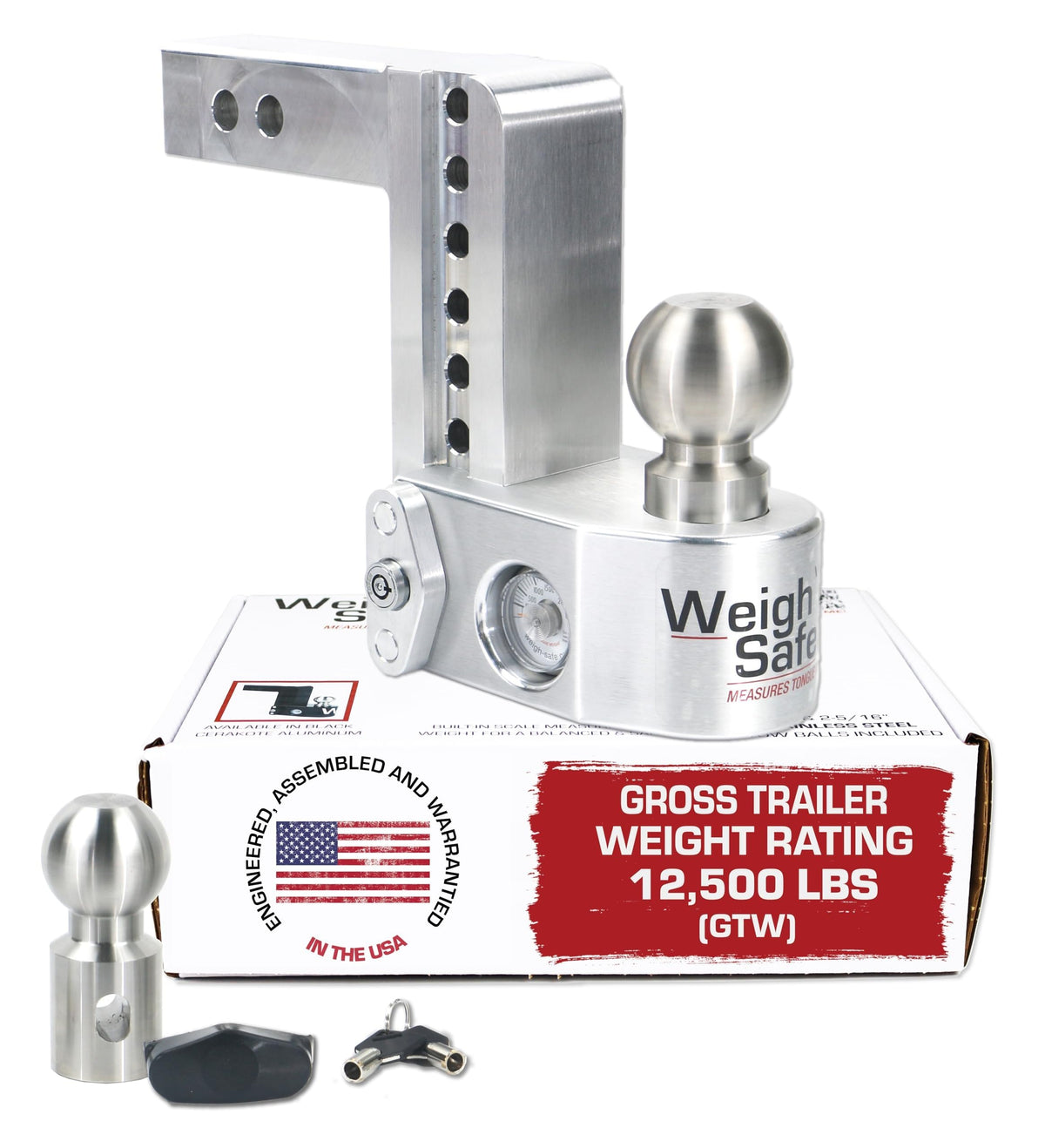 Weigh Safe aluminum adjustable trailer hitch with 6-inch drop for precise towing alignment.