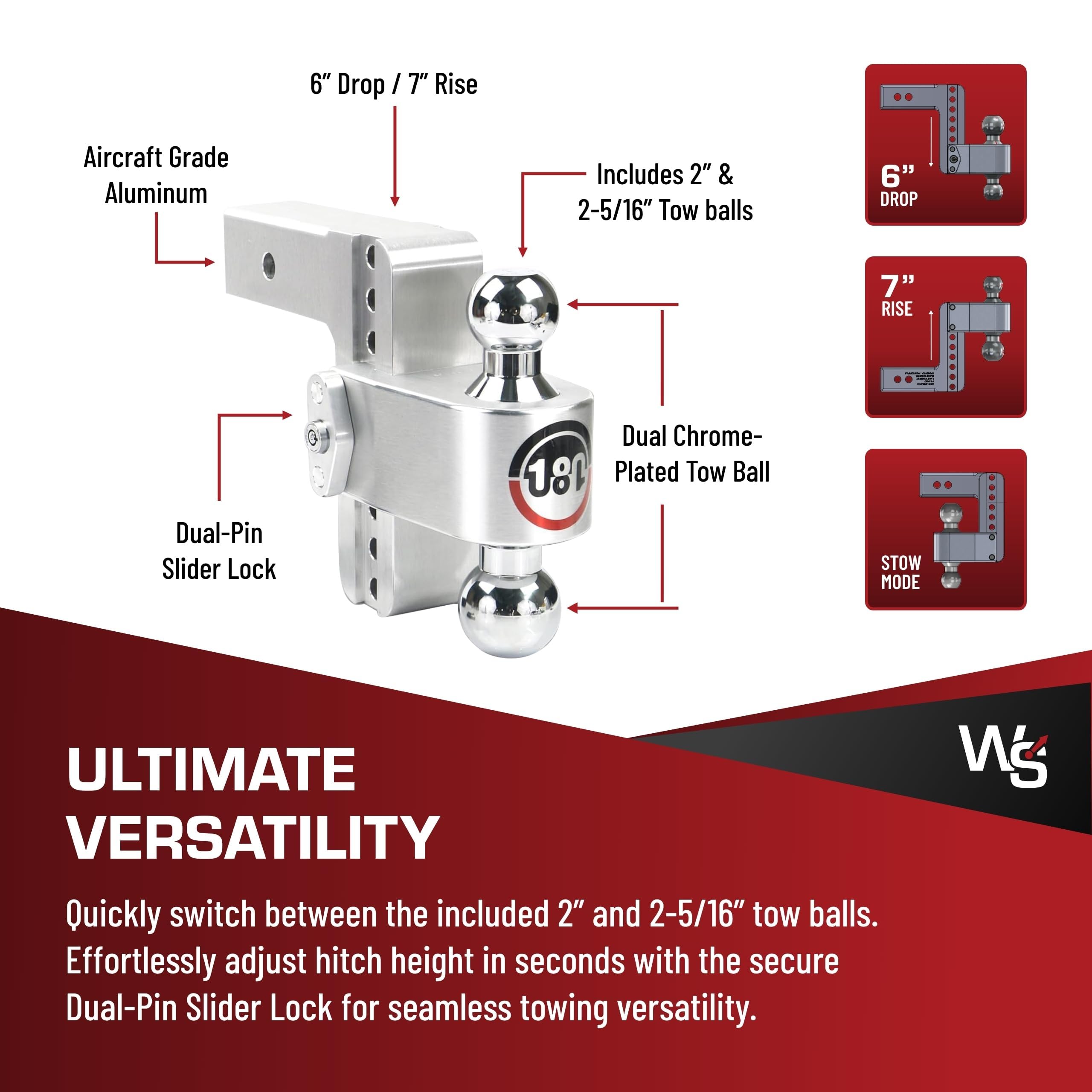 Weigh Safe 6in drop hitch with 1-inch increments for precise height adjustments.