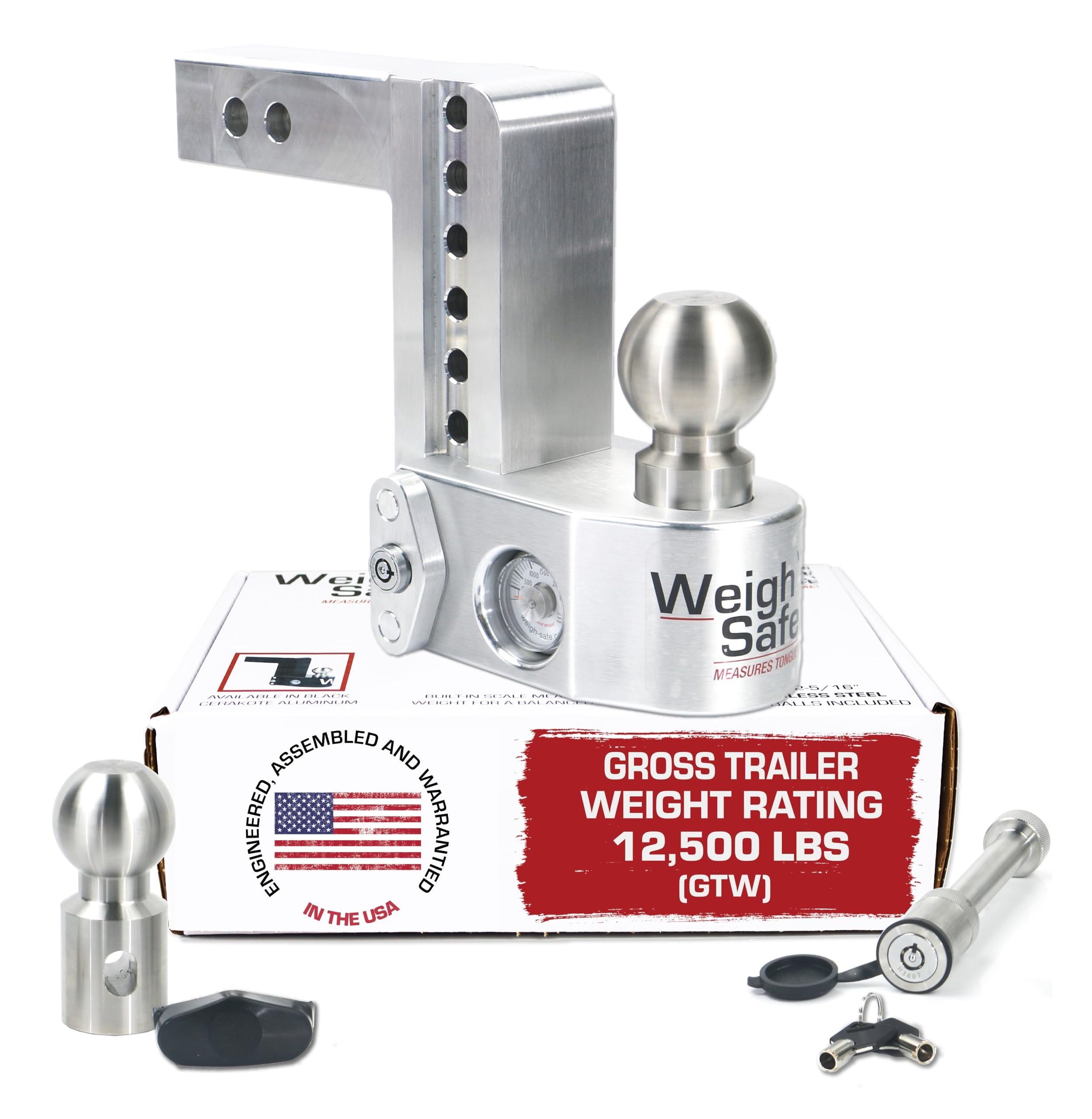Weigh Safe adjustable hitch with 6-inch drop measuring tongue weight for safer towing.