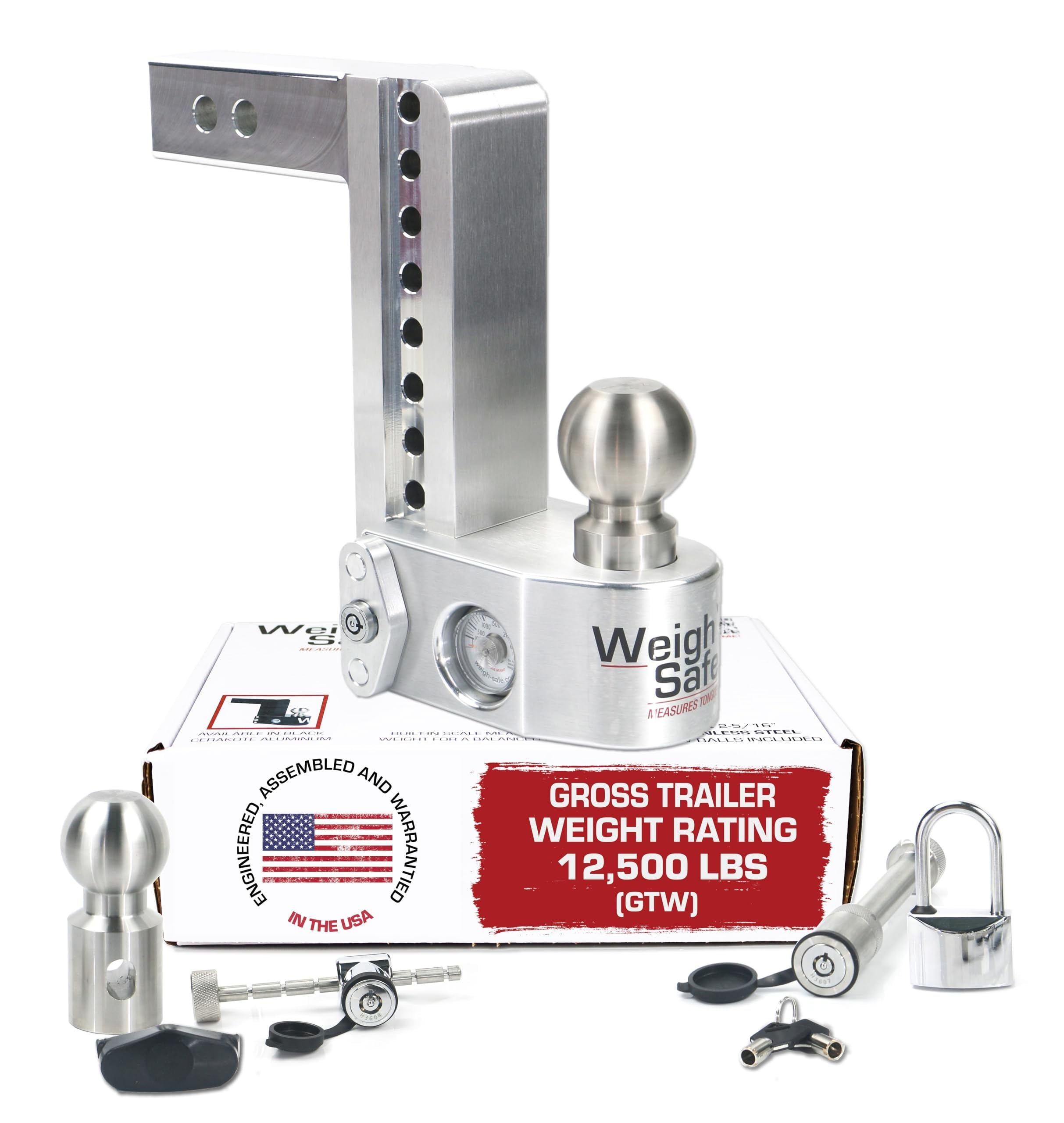 Weigh Safe aluminum adjustable hitch with 8-inch drop for precise towing setup.