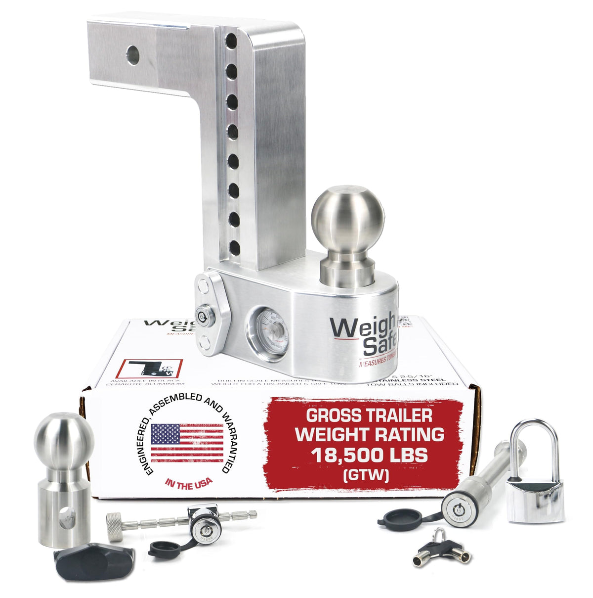 Weigh Safe aluminum adjustable trailer hitch with 8-inch drop for versatile towing setups