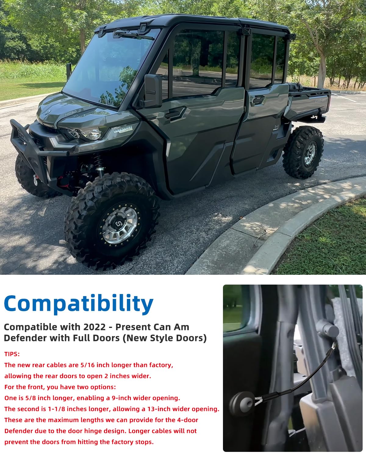 Front doors open wider up to 13 inches on Can-Am Defender Max 2022+ with WEIGUZC cables