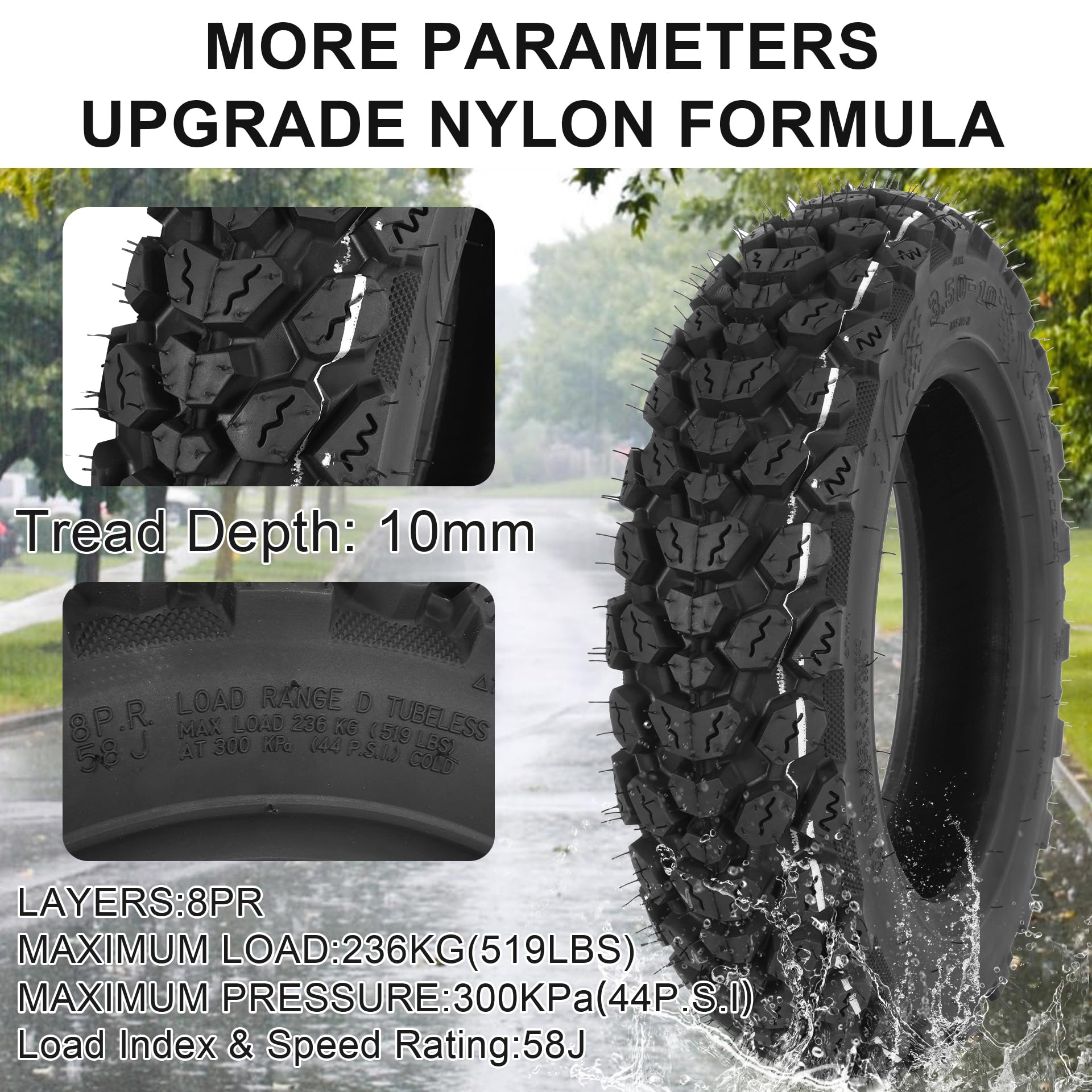 WEIYINGSI 3.50-10 tire sidewall size clearly labeled for checks.