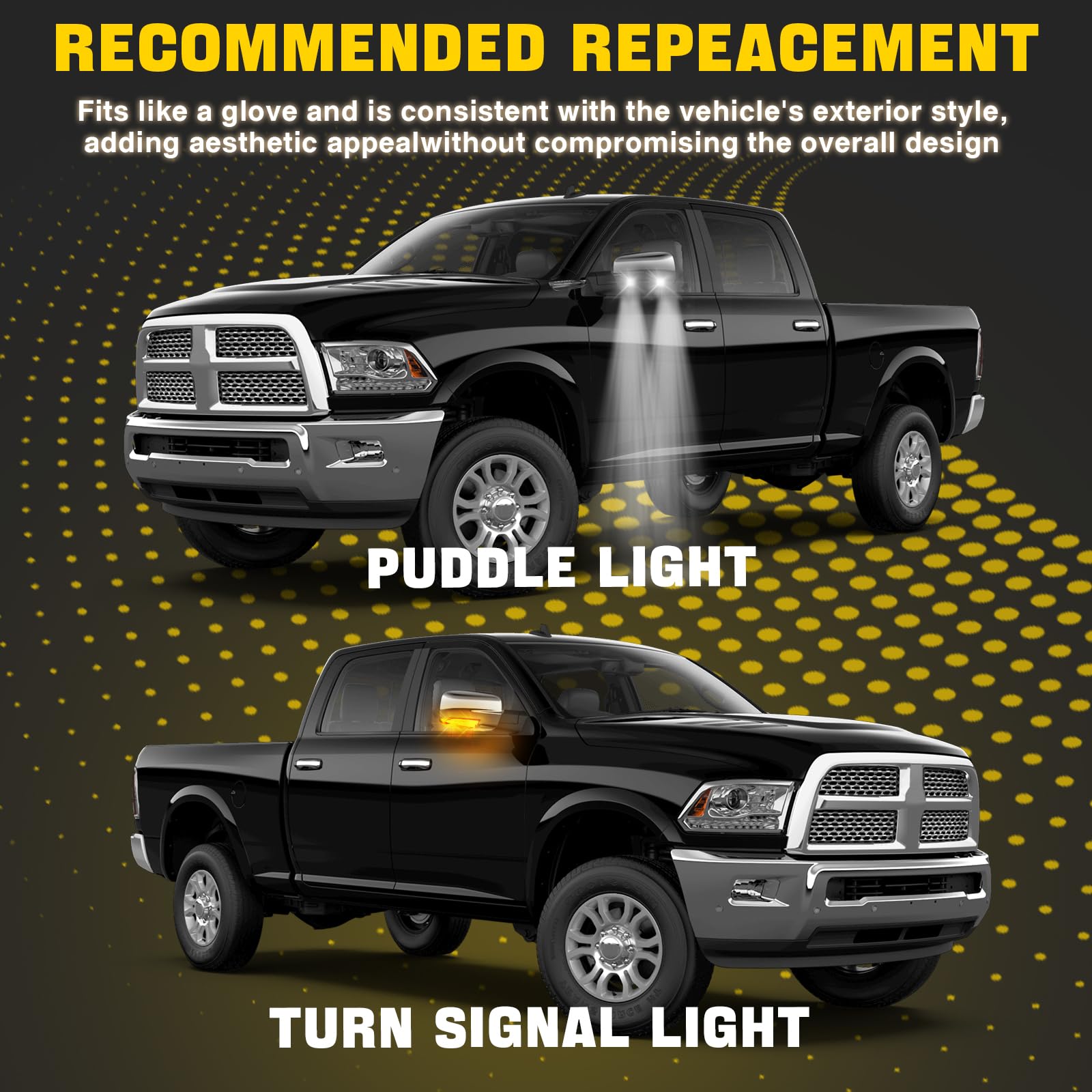 Close-up of WEILEITE mirror light showing direct replacement design for Ram pickups.