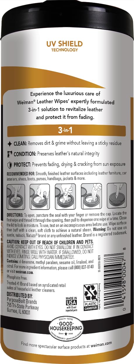 Weiman Leather Cleaner Wipes applied on a sofa to remove dirt.