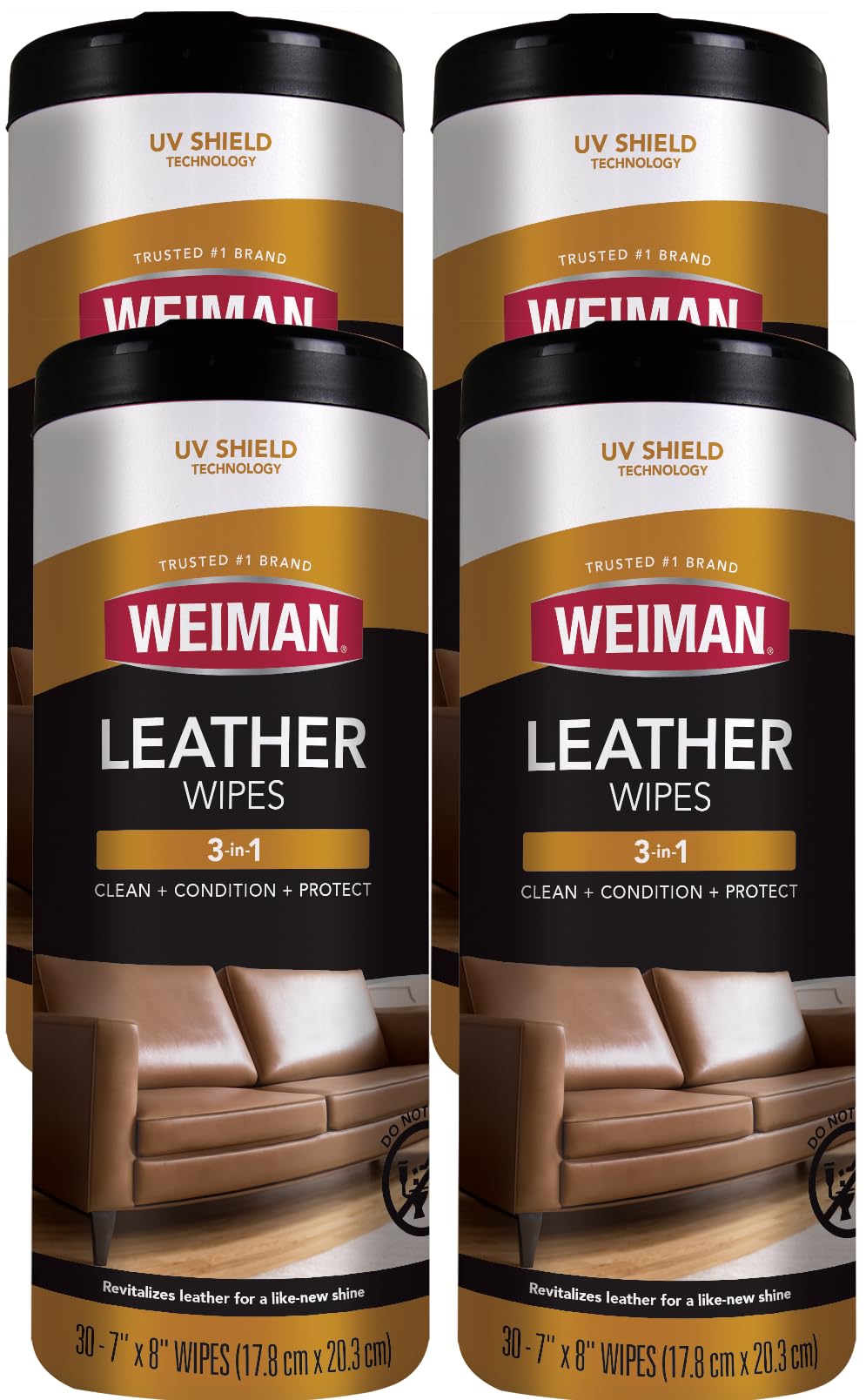 Weiman Leather Cleaner Wipes four-pack for quick leather refreshment.