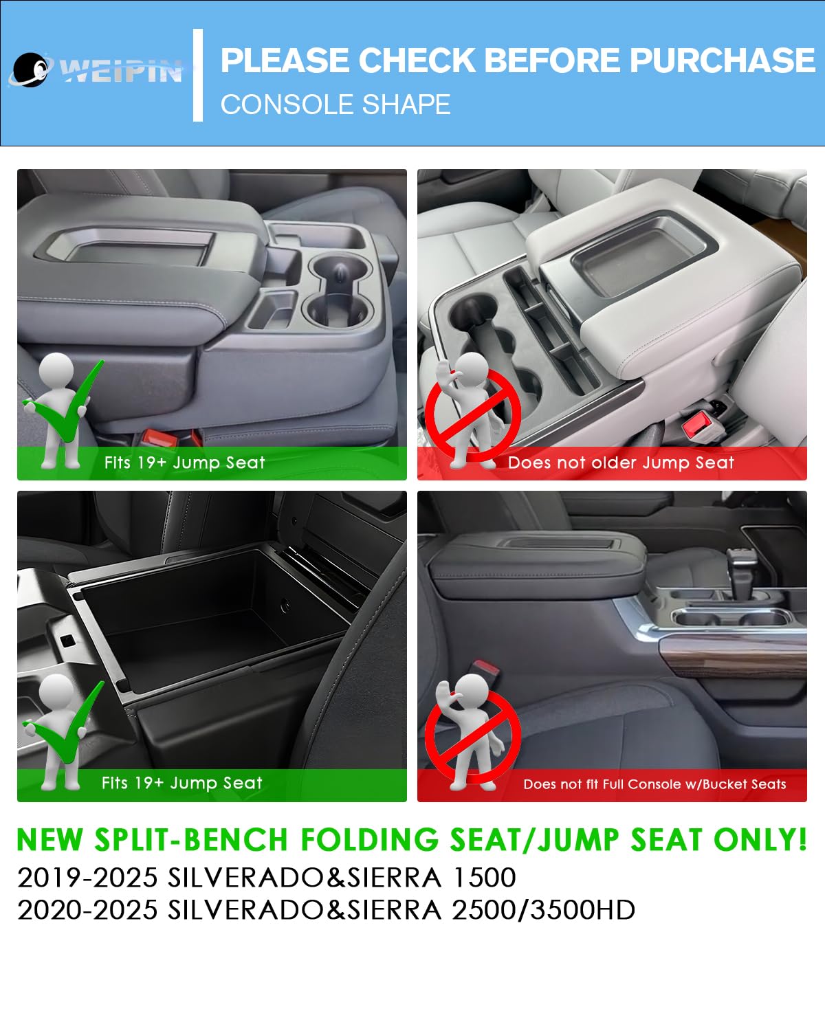 WEIPIN center console tray with lid open shows quick access to cards and keys.