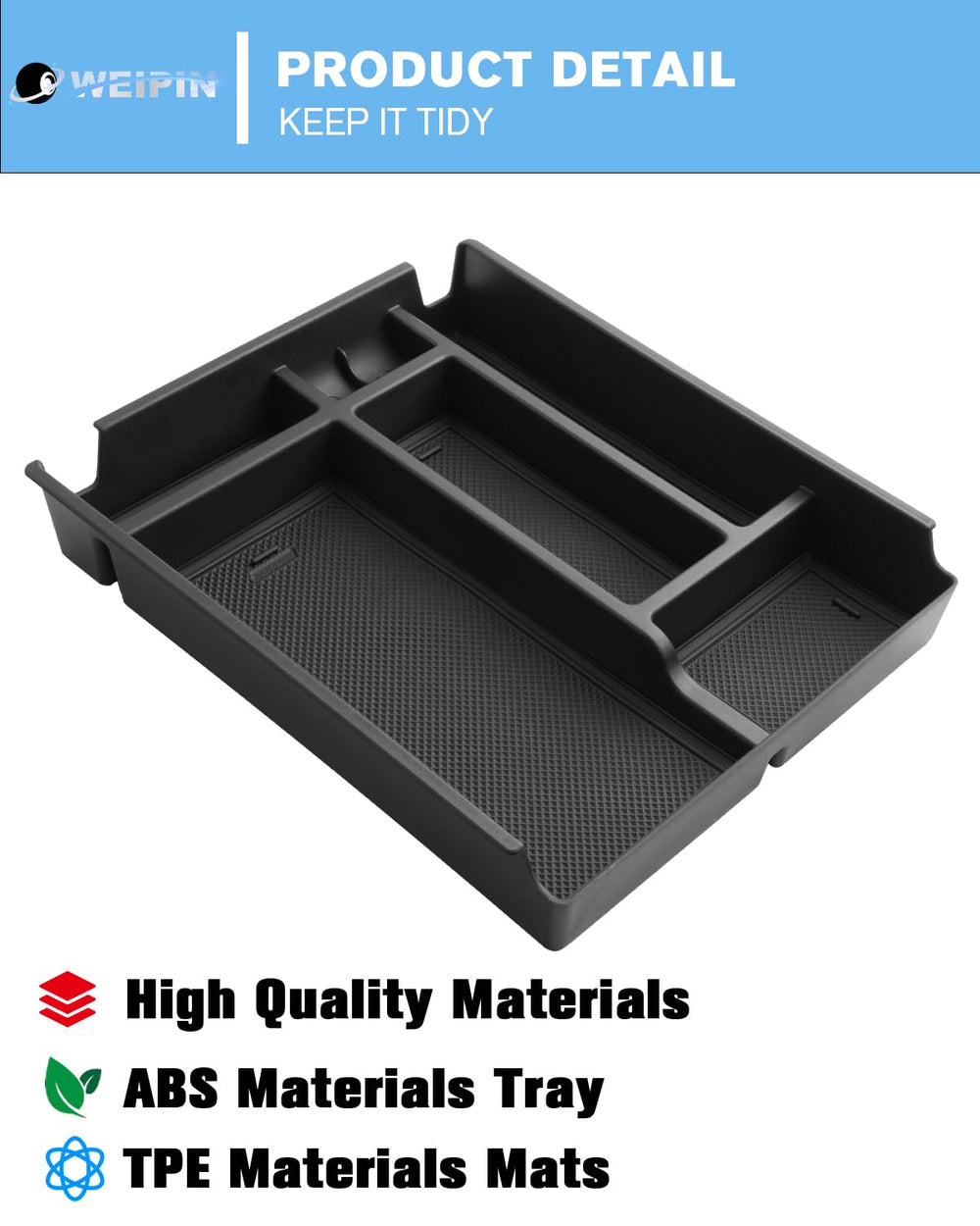 WEIPIN easy-install tray drops in for quick setup in Chevy Silverado center console.