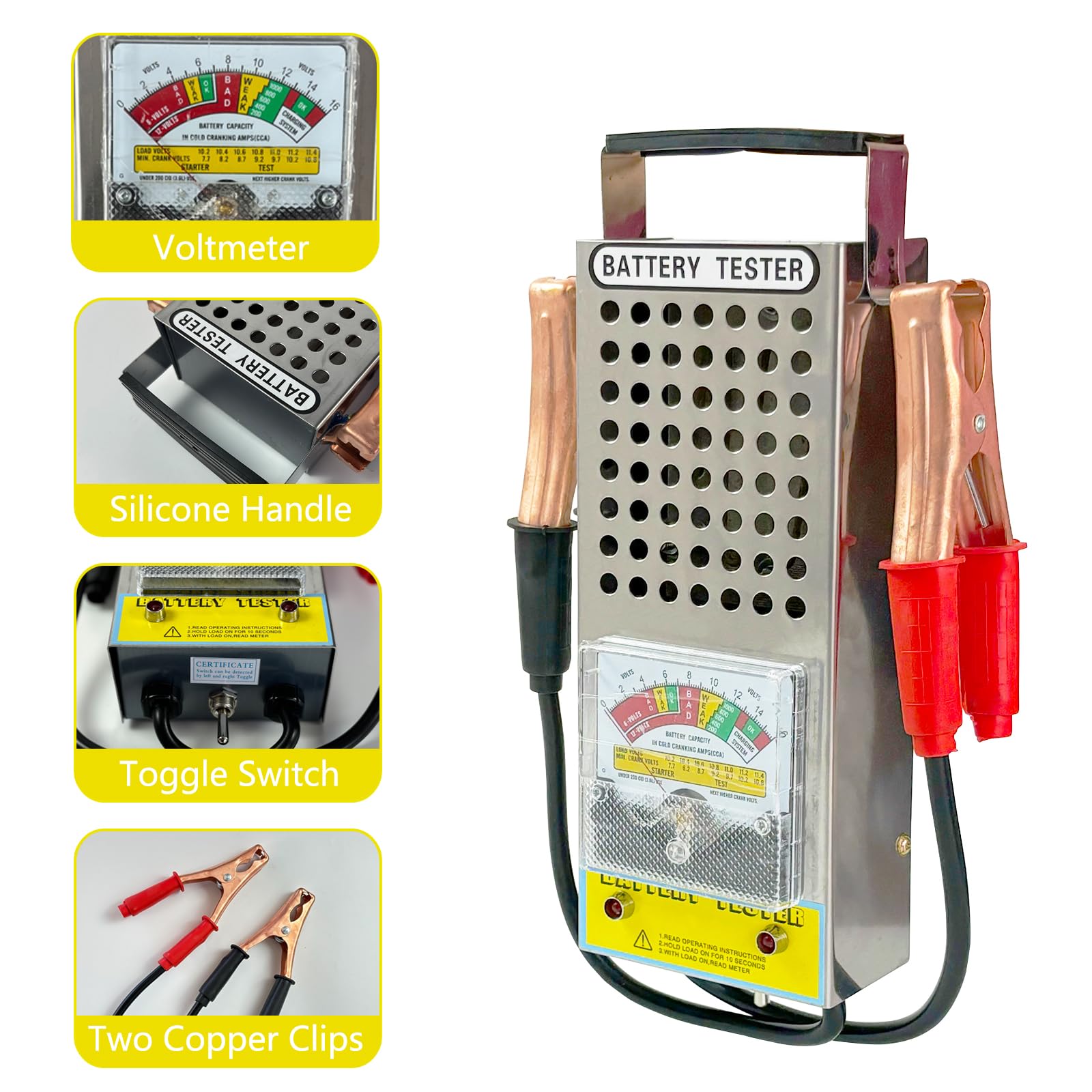 Weishuo battery tester insulated alligator clips latch securely to various battery terminals.