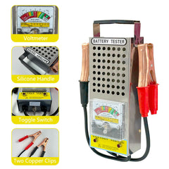 Weishuo battery tester insulated alligator clips latch securely to various battery terminals.