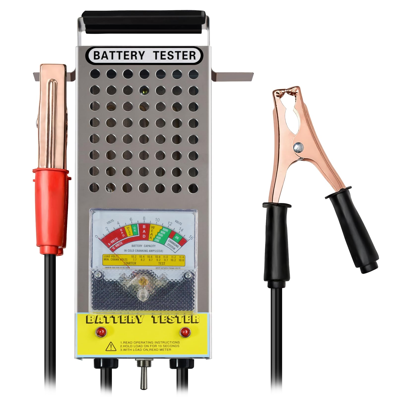 Weishuo car battery tester front view showing compact, portable design for on-the-go checks.