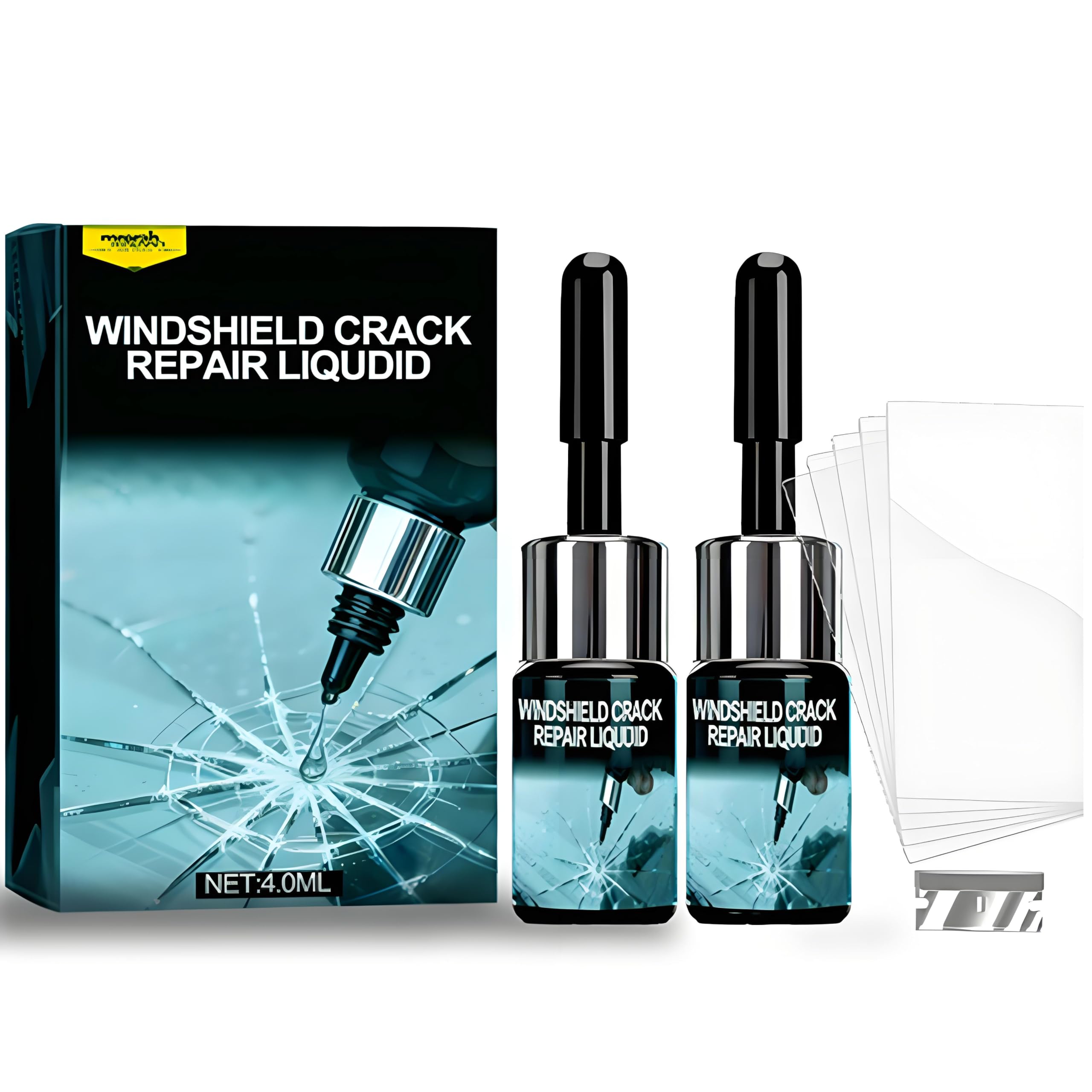 Weivone 2PC windshield repair kit application shows a quick 5-minute seal on a chip.