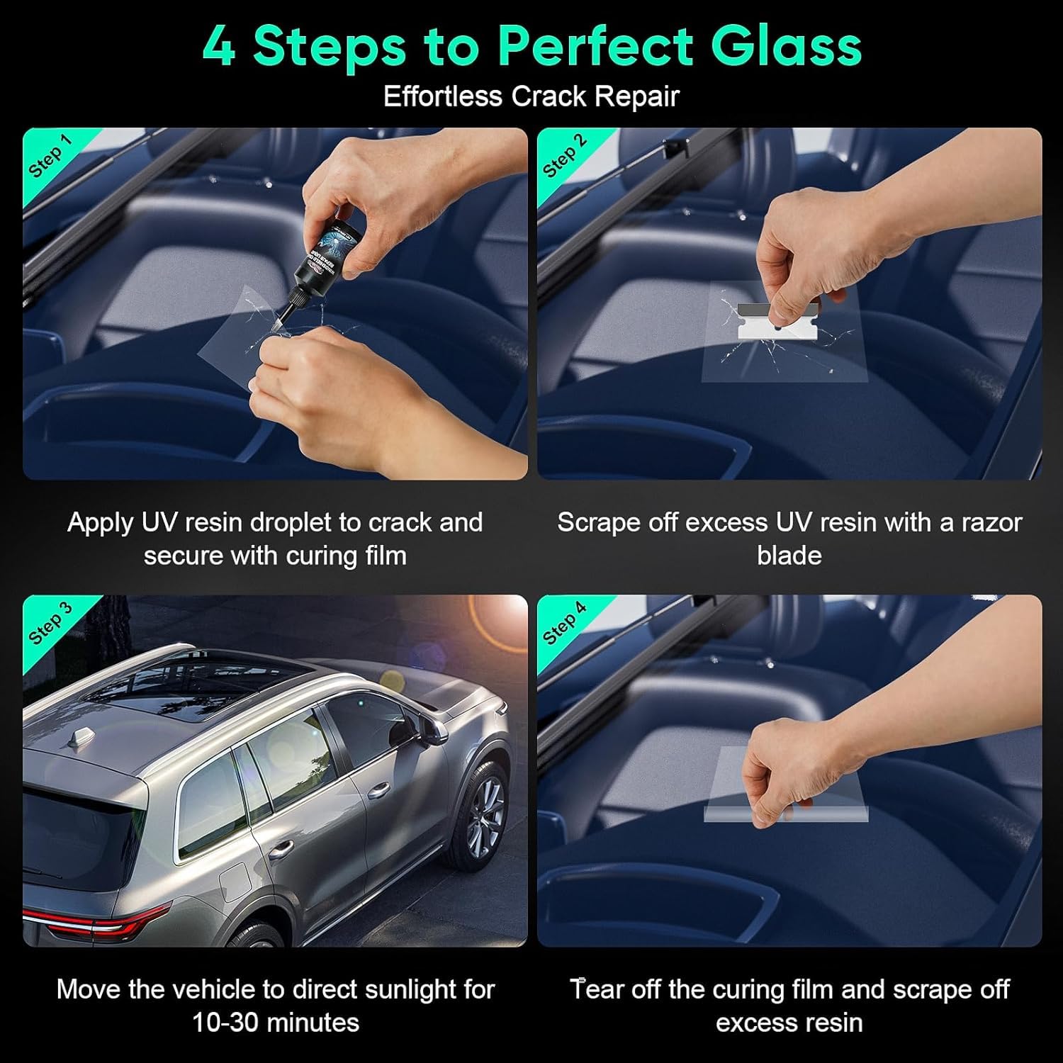 Weivone 2PC repair liquid applied to a windshield surface for a near-invisible fix.