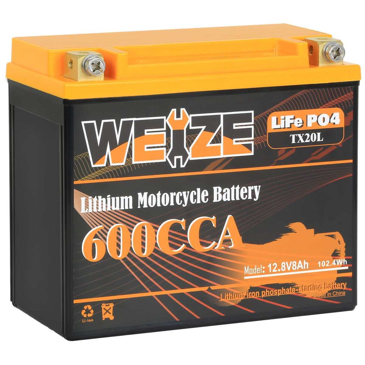 WEIZE YTX20L-BS lithium battery front view with compact design for motorcycles and ATVs