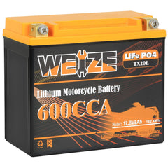 WEIZE YTX20L-BS lithium battery front view with compact design for motorcycles and ATVs