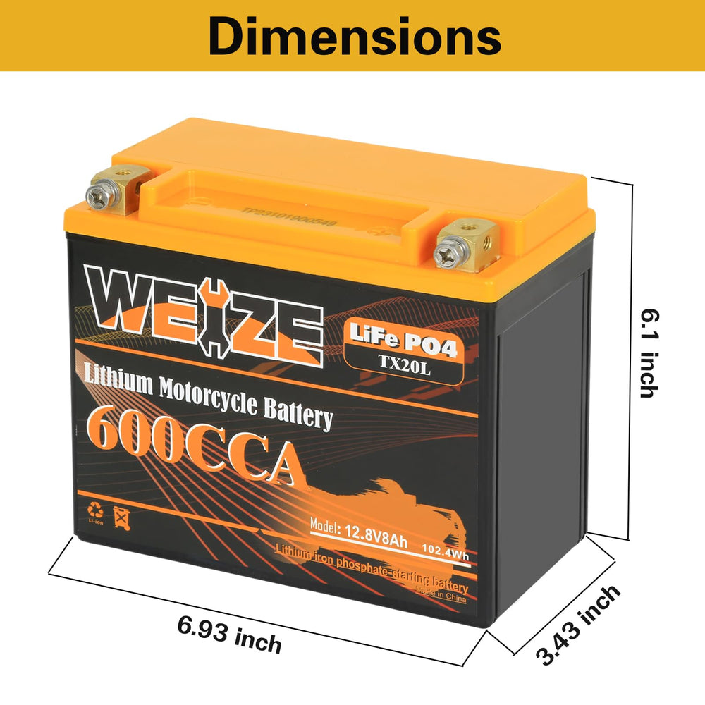 WEIZE YTX20L-BS battery side view showing terminal layout for replacement