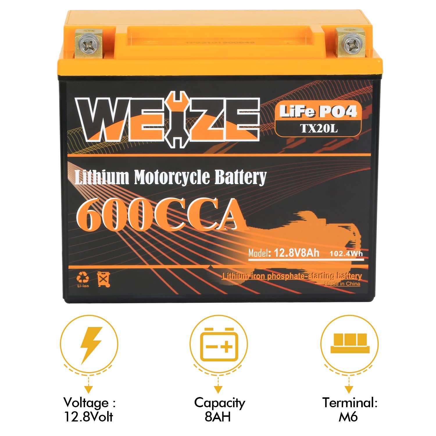 WEIZE YTX20L-BS label highlights 600 CCA for reliable cold starts