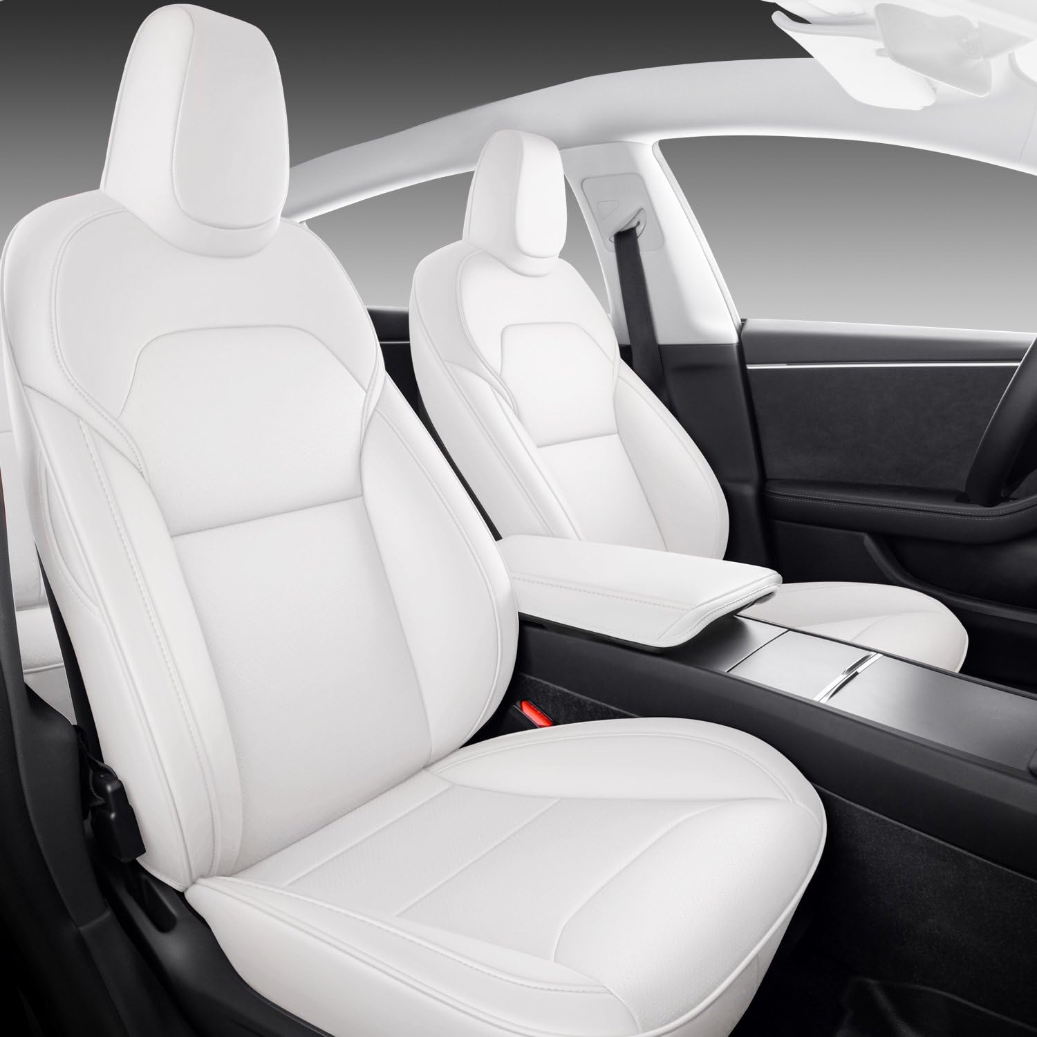 WeKAR front seat covers for Model Y Juniper white, driver-side protection with OEM-like fit