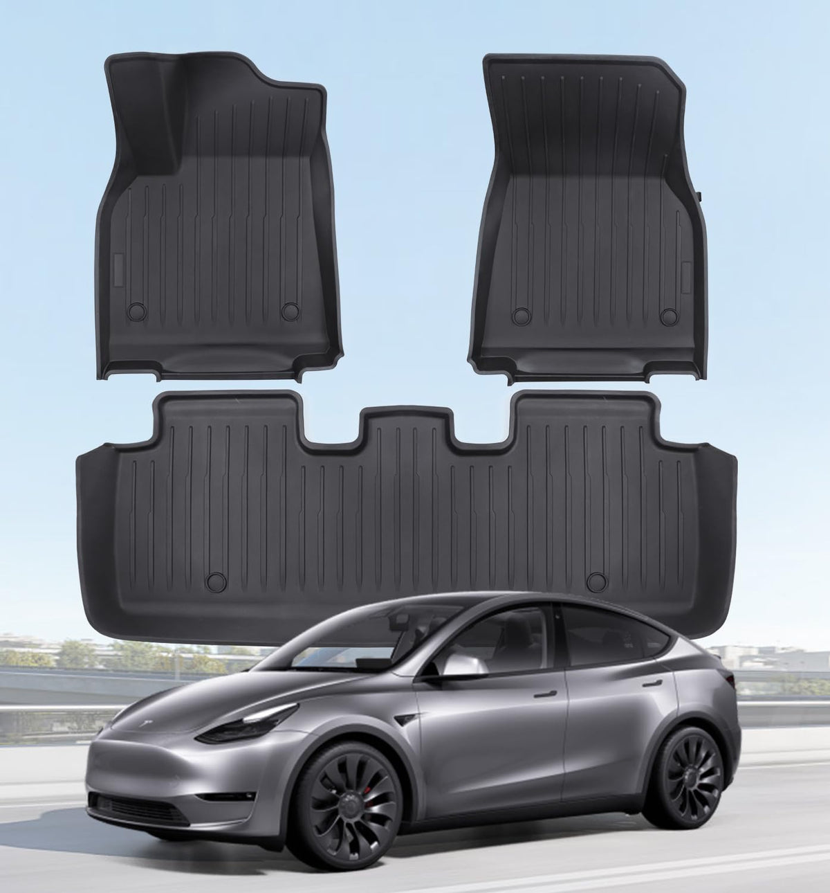 Wekar Model Y front row mats with precise fit and all-weather protection.
