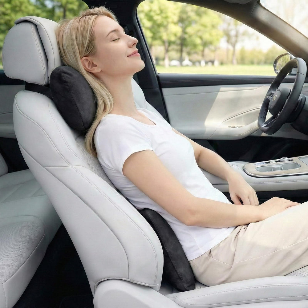 WELBRIT pillow with elastic strap demonstrates secure fit on many seats