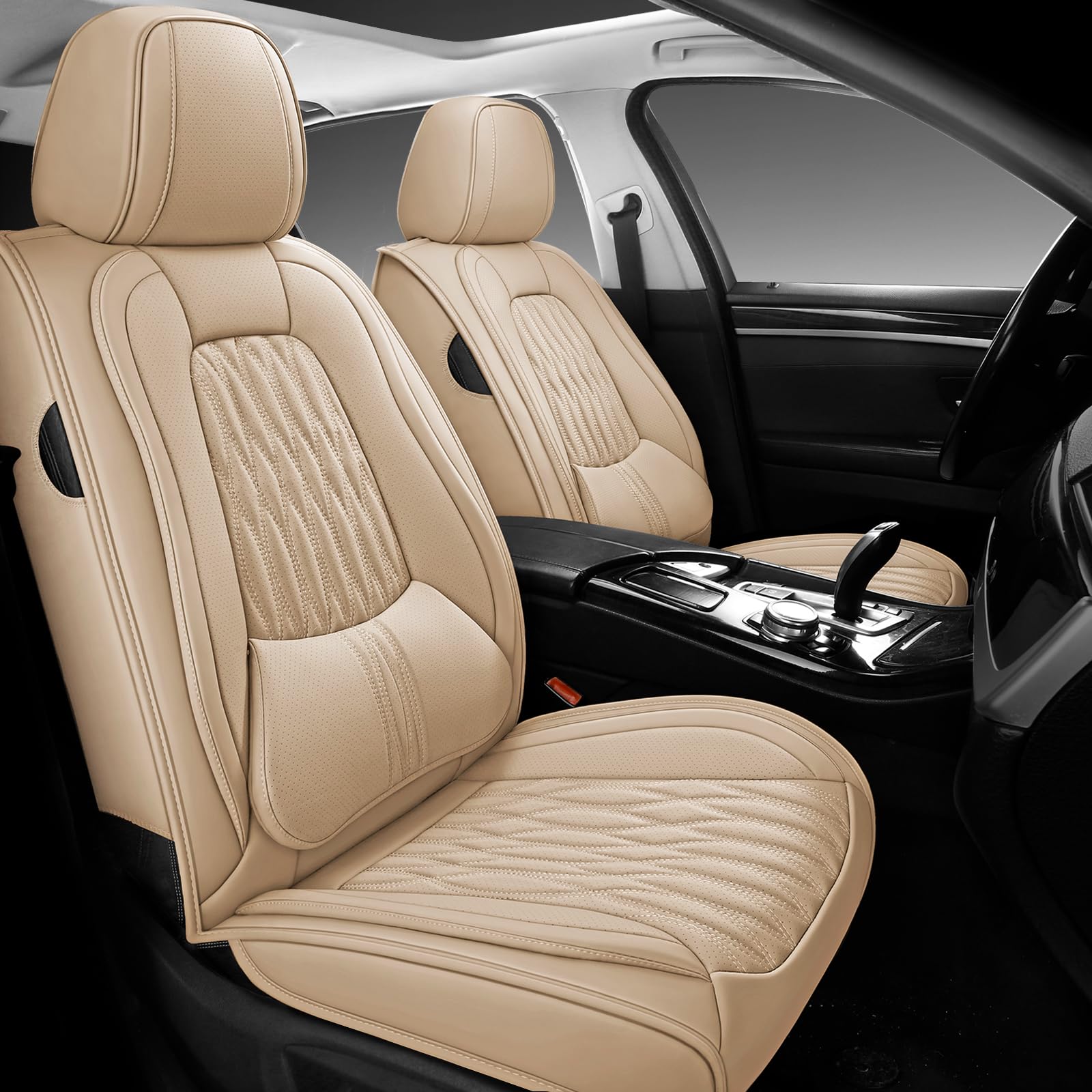 WELLDO leather seat cover, front left view, protects against spills and wear.
