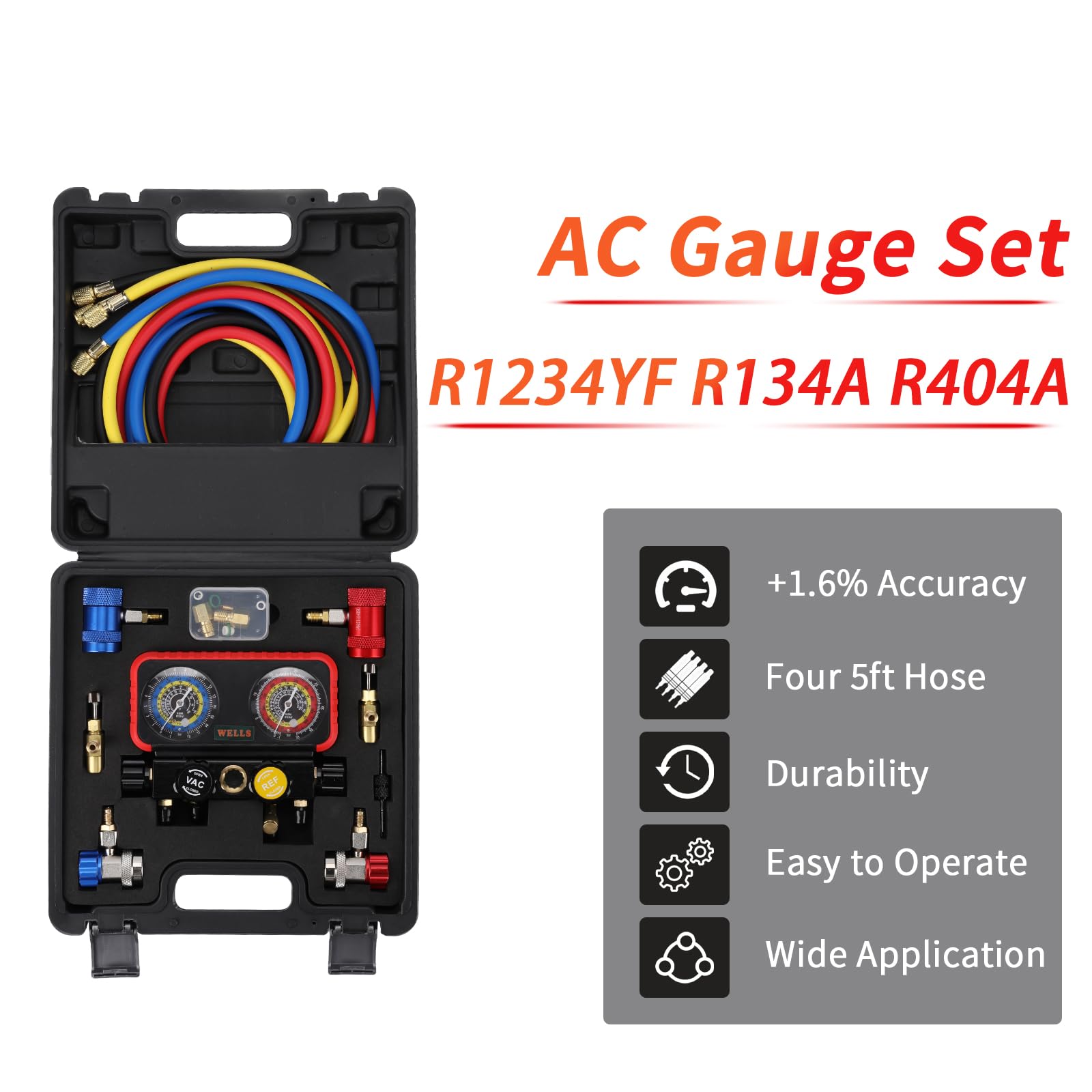 Wells AC gauge set hoses assembly with color coding for precise connections