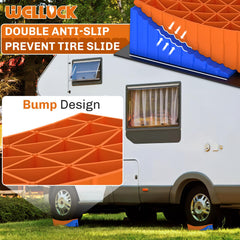 WELLUCK blue chocks secure the RV for safe parking