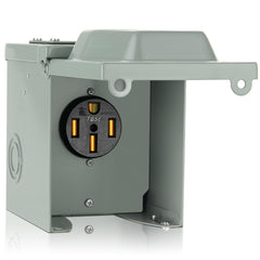 WELLUCK RV power outlet box front view with rugged outdoor-ready enclosure.