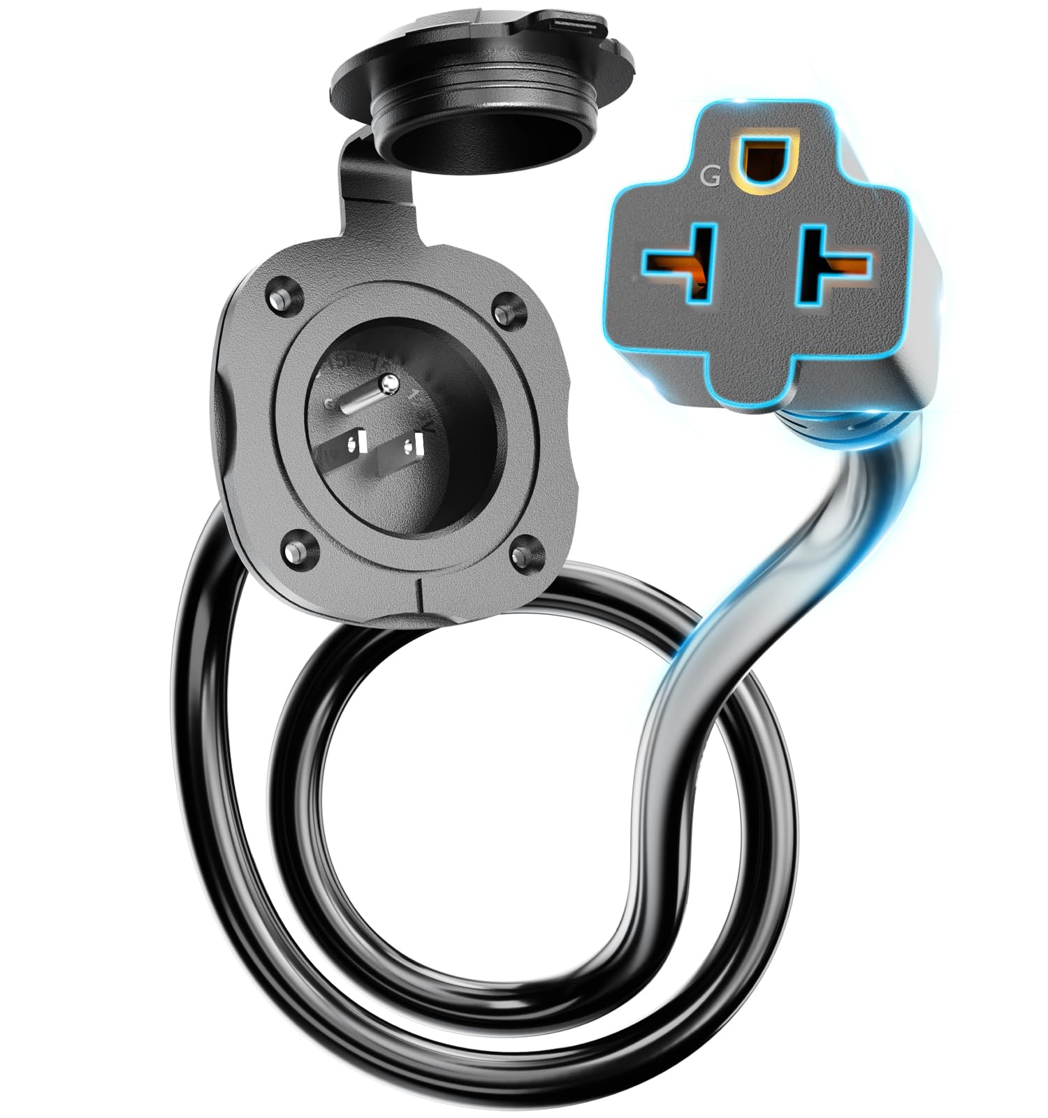 Welluck RV shore power inlet with dual 18-inch cords for versatile camping power.