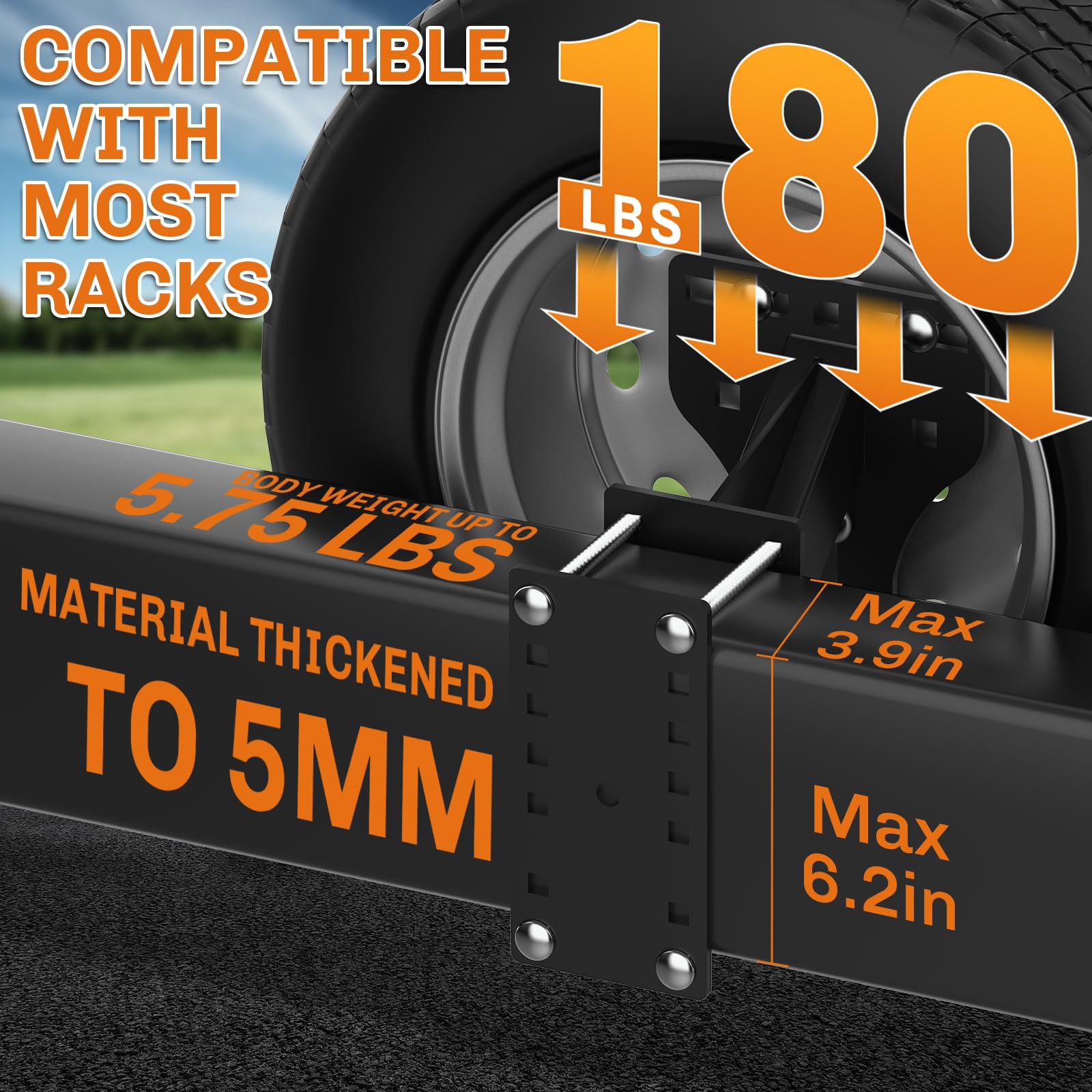 WELLUCK spare tire mount shows 180-lb capacity for heavy-duty trailers.