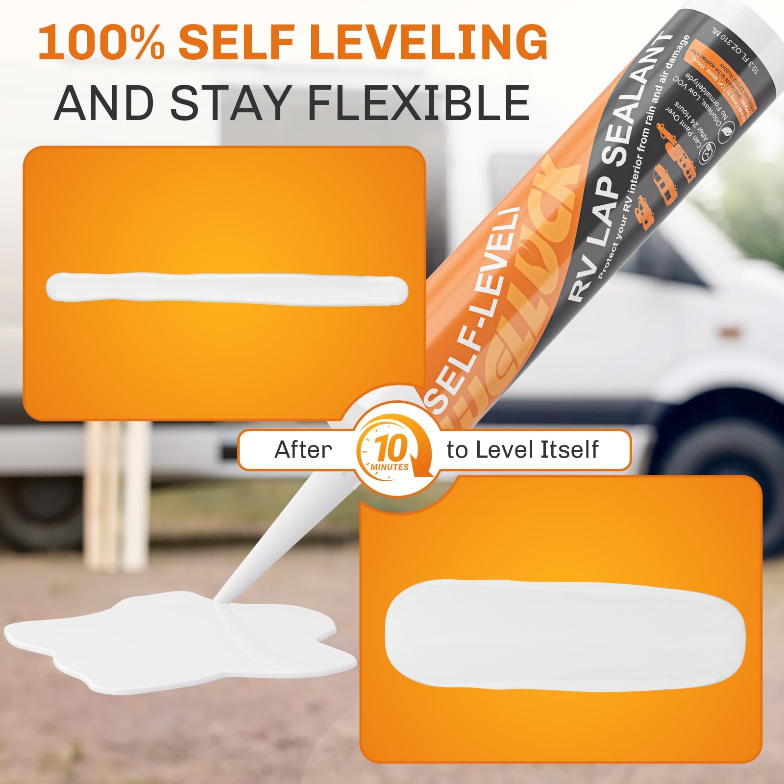 WELLUCK white sealant self-levels for quick, neat camper roof maintenance.