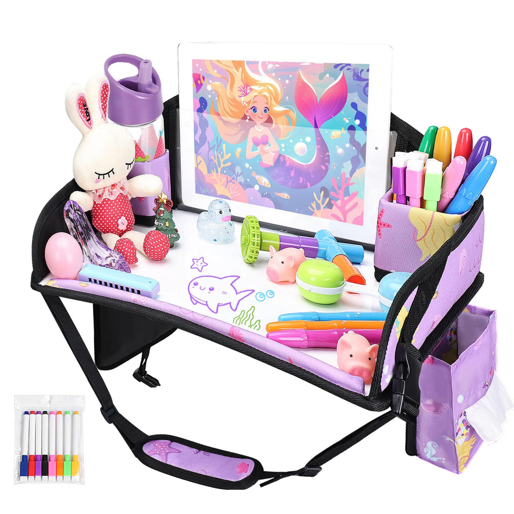 WENRENER travel tray for car seat with purple mermaid design keeps toys organized during car trips.