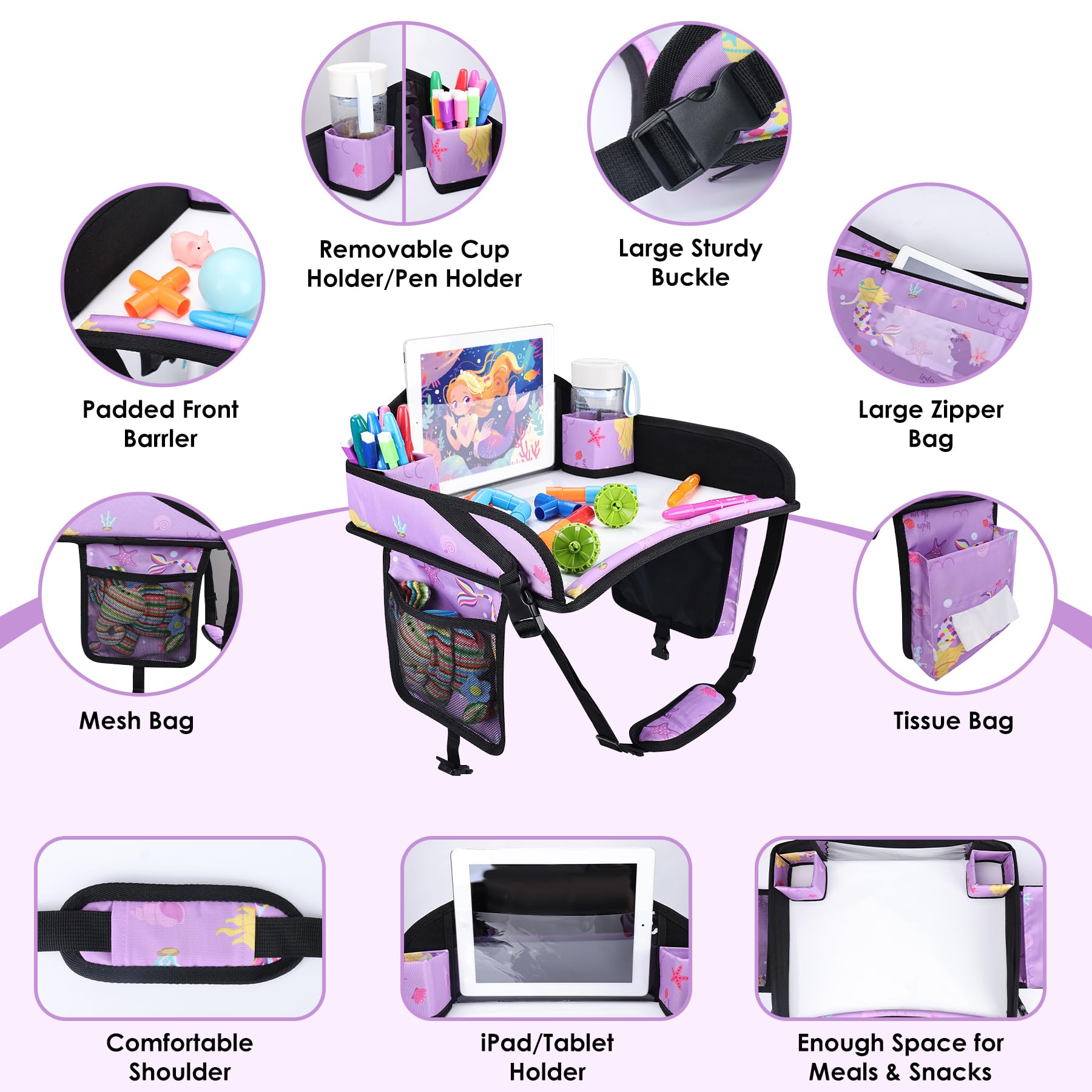 WENRENER large 17 by 13.5 inch tray fits most car seats and planes.
