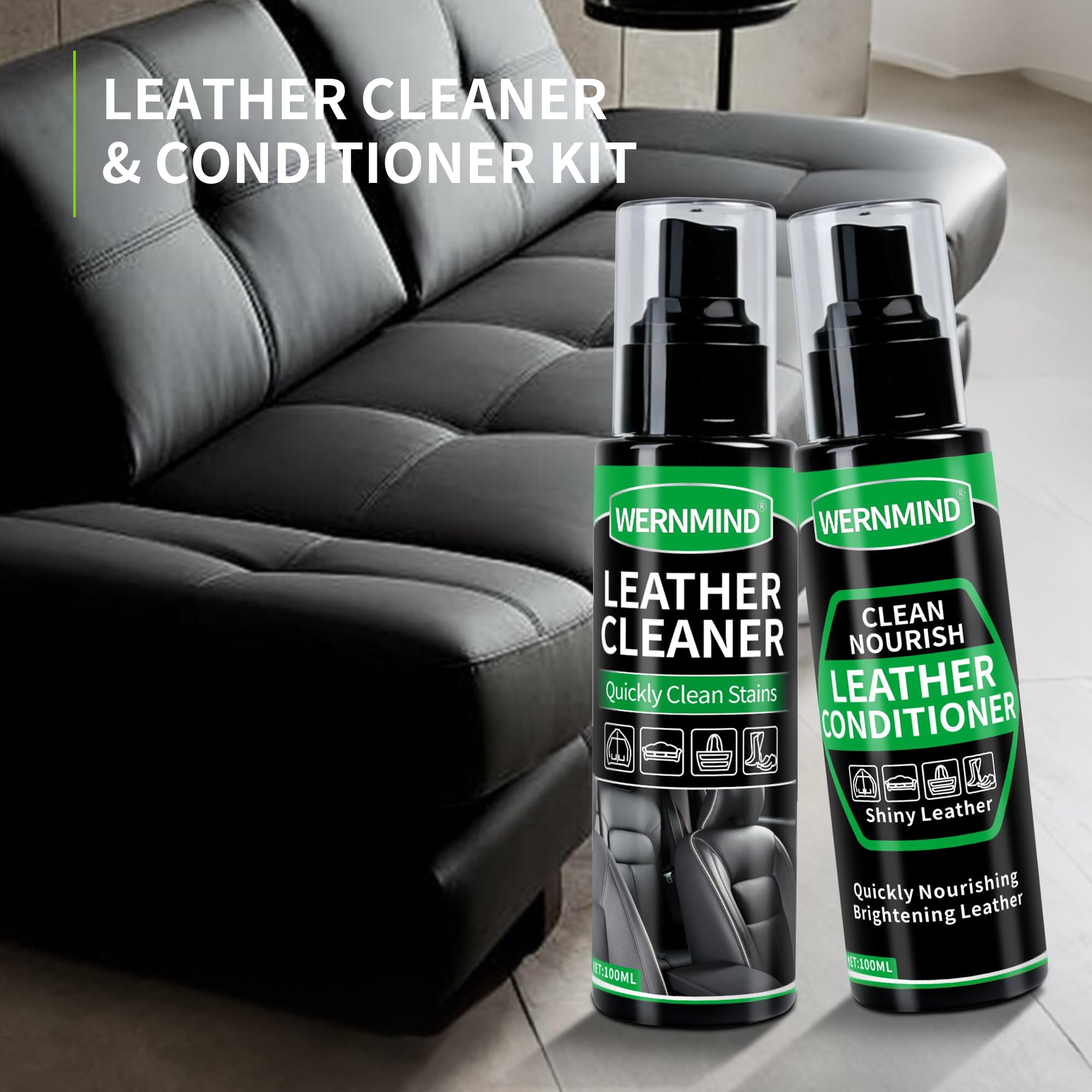 WERNMIND Car Interior Leather Cleaning demonstrates seats and panels in a vehicle.
