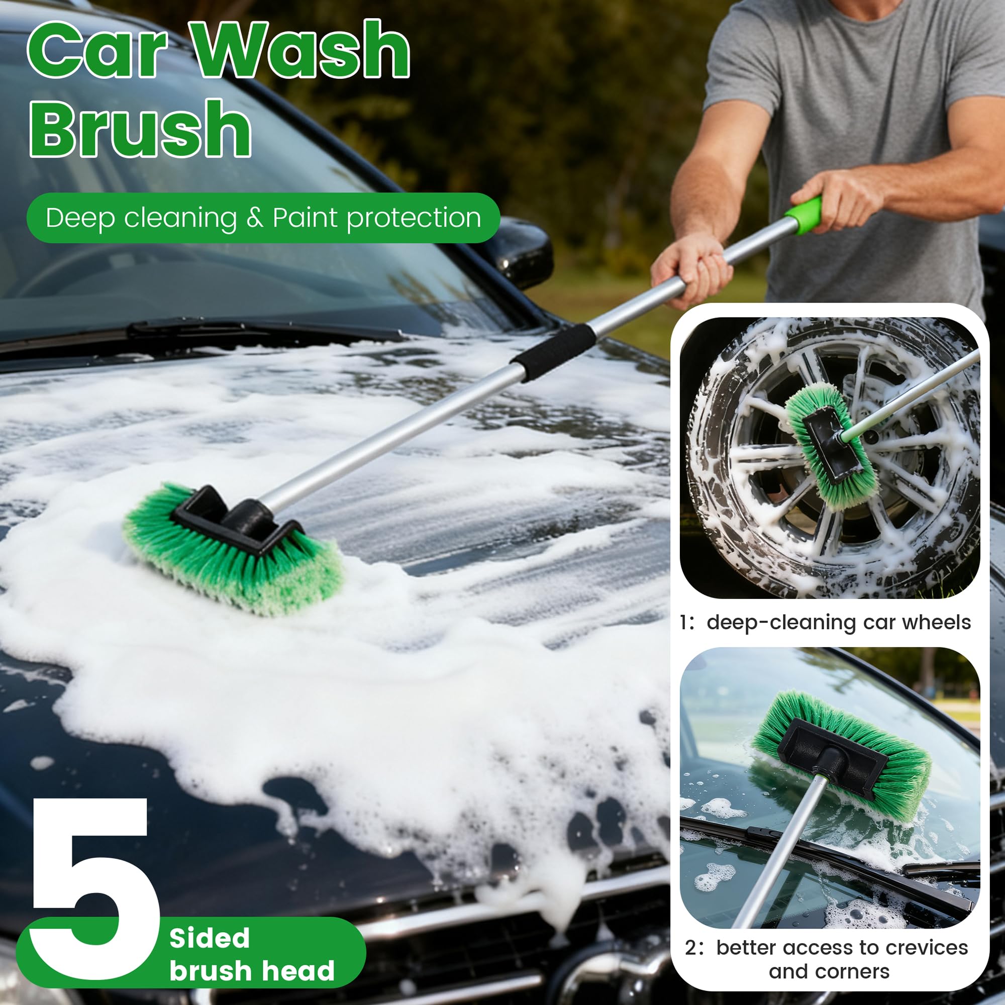 wesbrite five-sided design car brush for thorough surface contact and edge access.