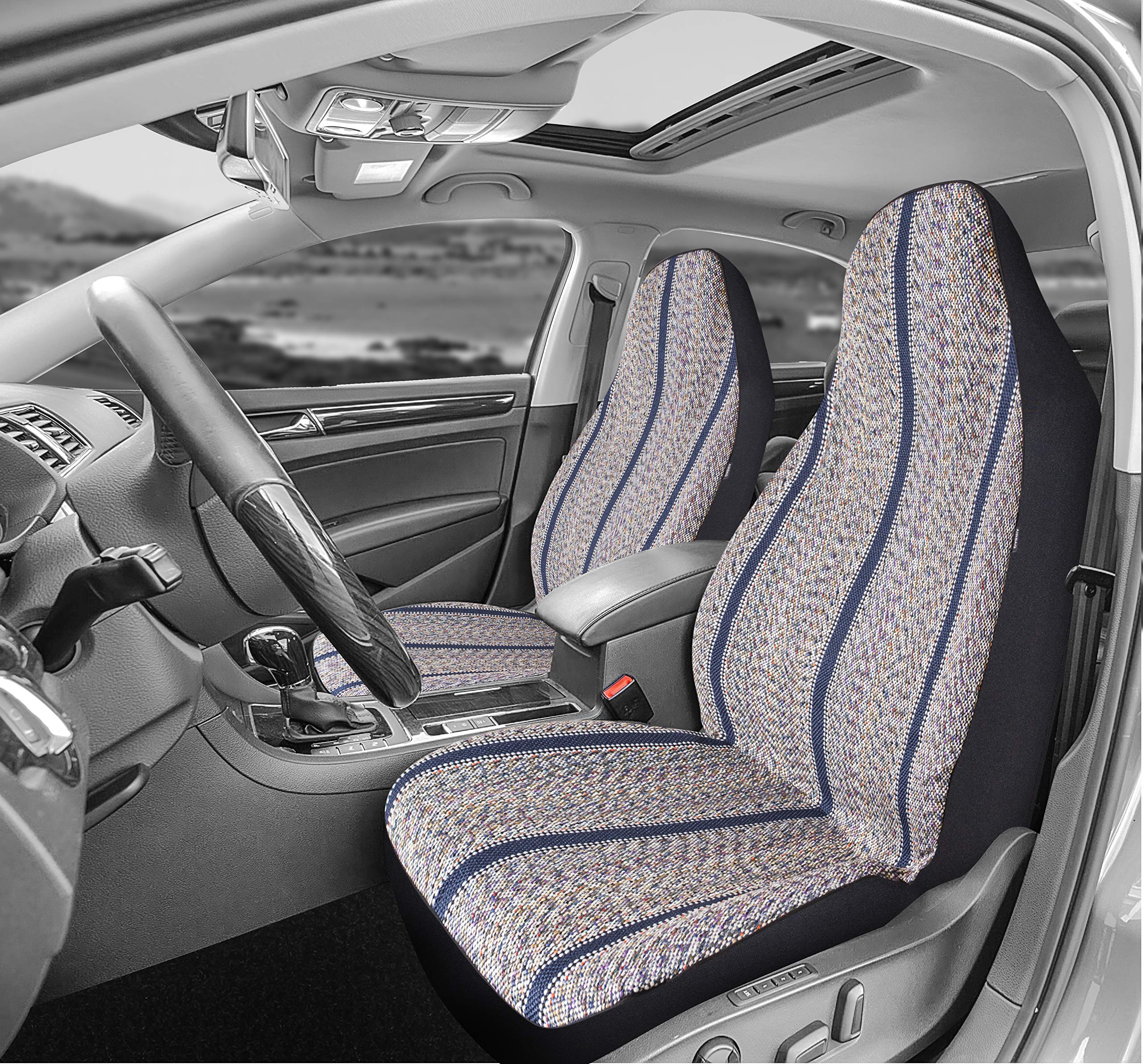 West Coast Auto Baja blanket seat cover blue seat detail highlights durable stitching