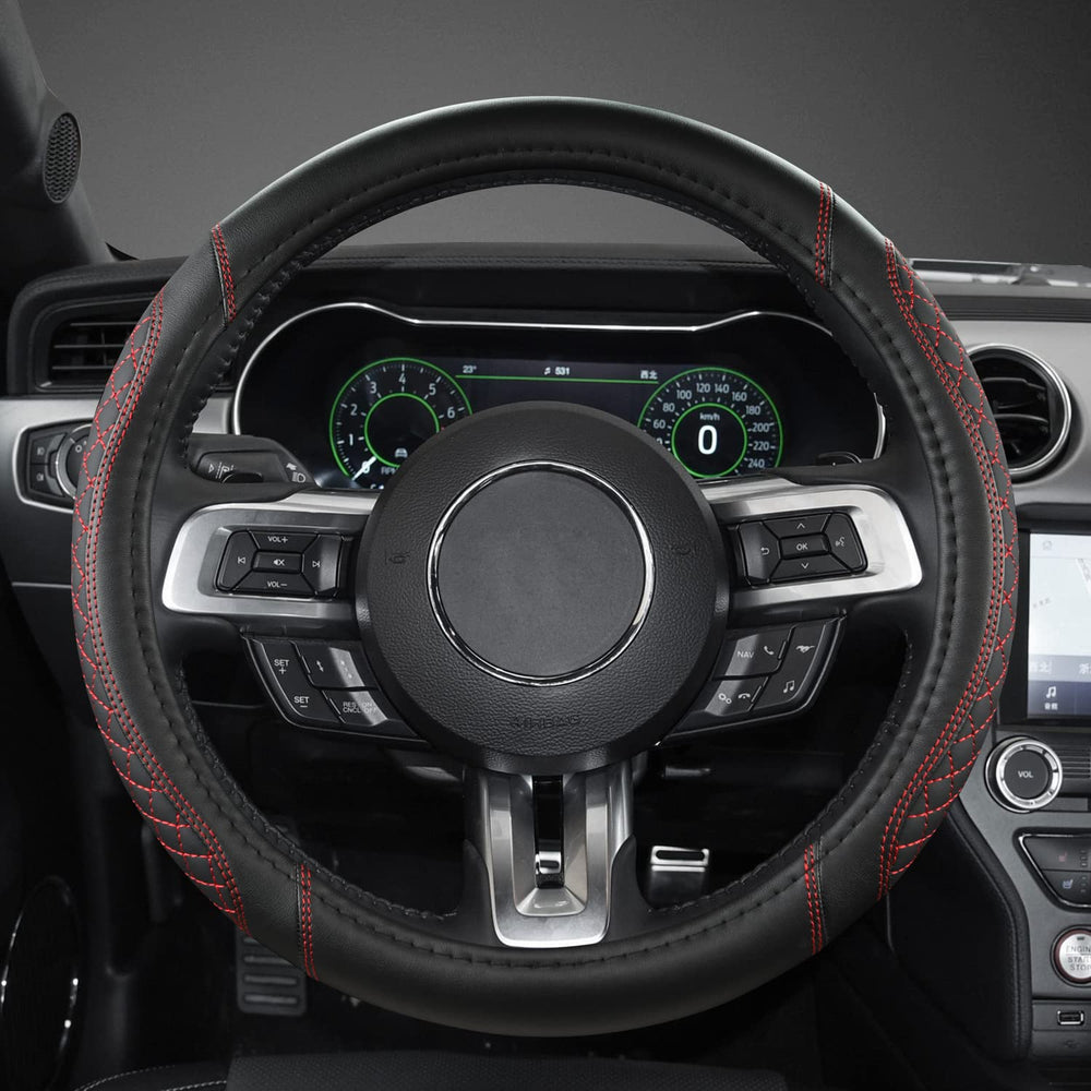 West Llama black and red stitching detailing on steering wheel cover
