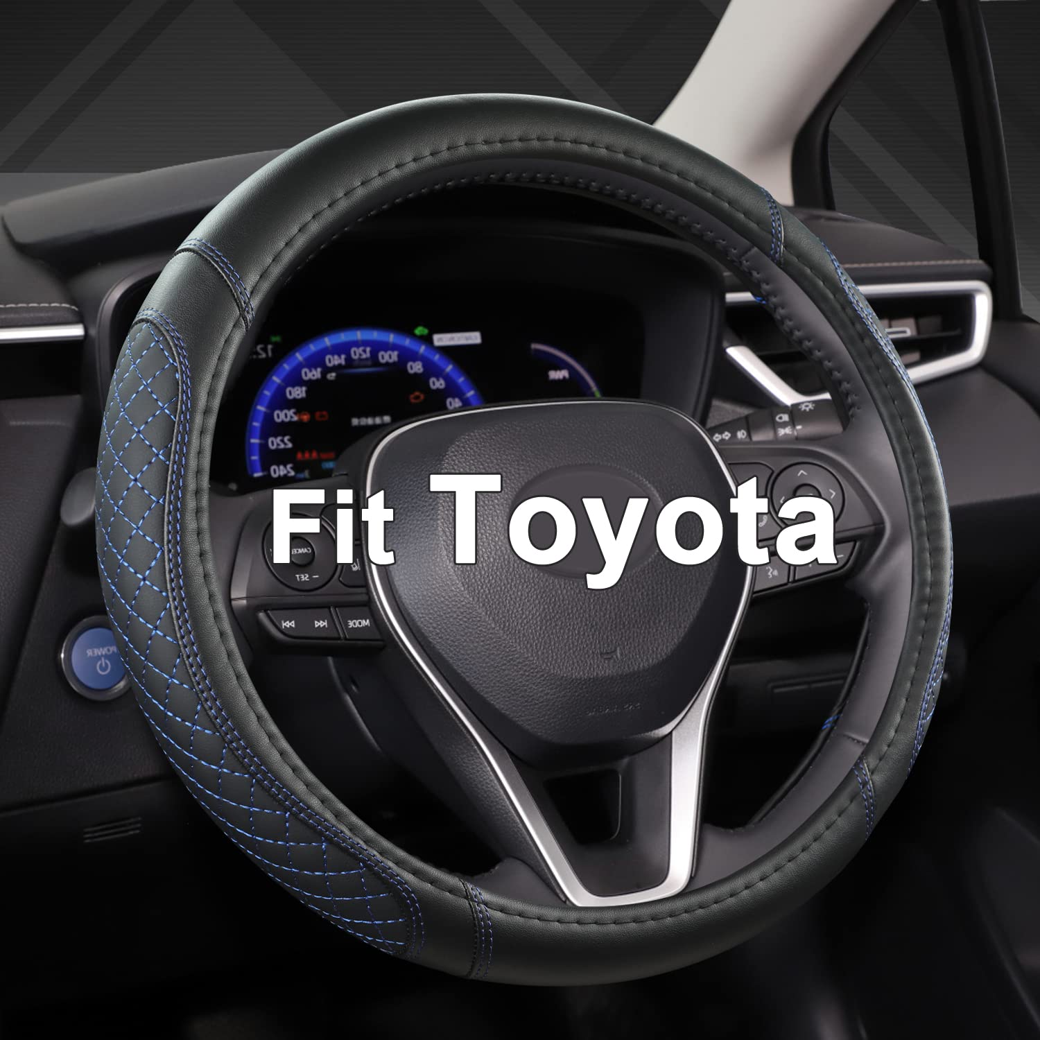 West Llama diamond quilted steering wheel cover in black and blue for Tacoma enhances grip and style