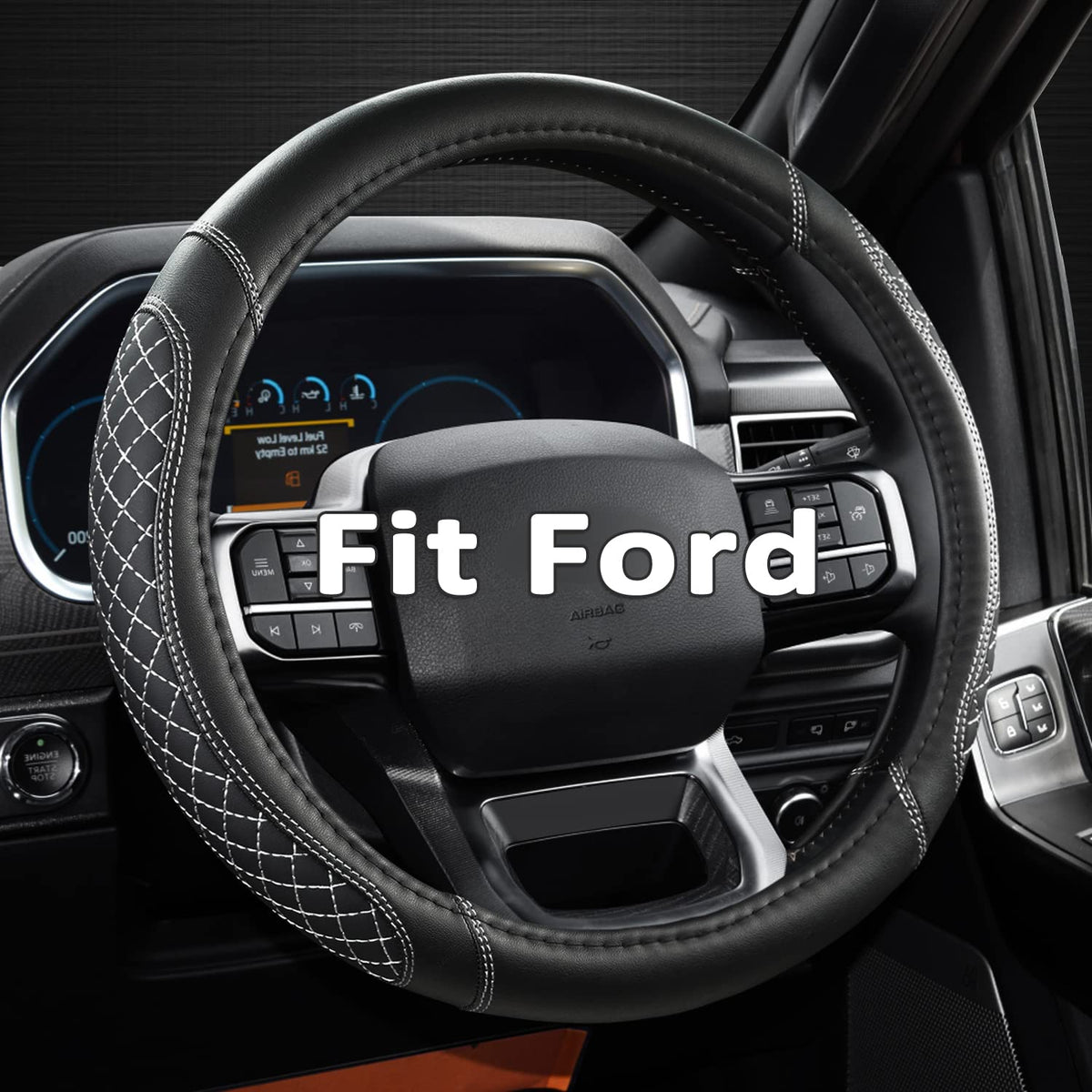 West Llama diamond quilted steering wheel cover for Ford F-150 enhances grip and style.