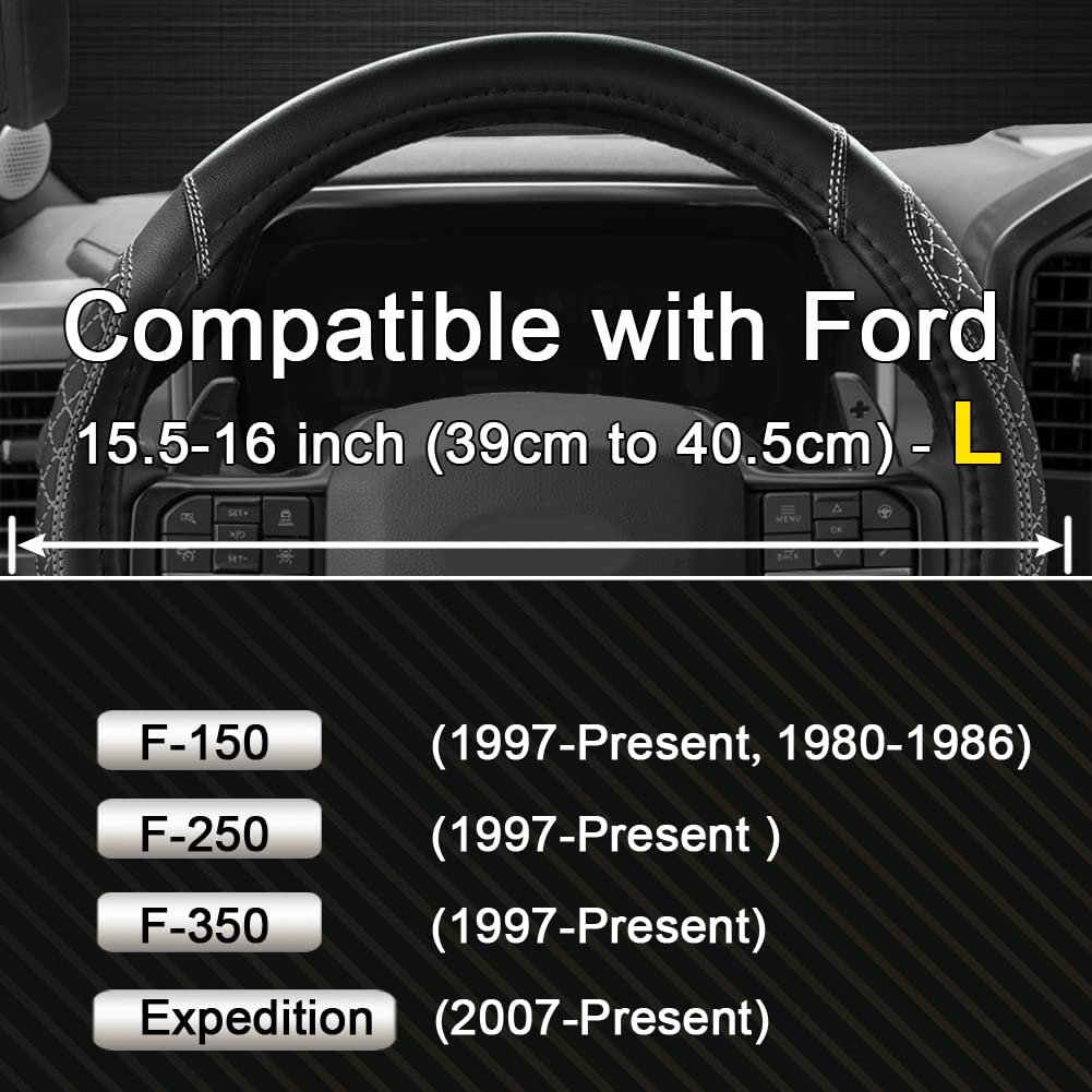 West Llama diamond quilted steering wheel cover for Ford F-250 improves control on rough roads.