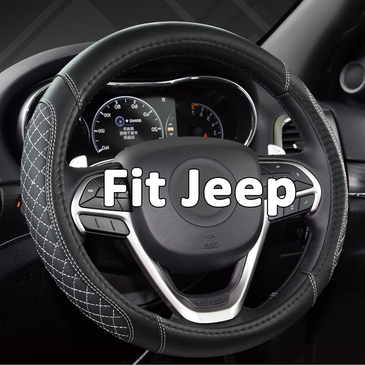 West Llama jeep steering wheel cover with diamond quilting in black and gray adds grip and interior style.