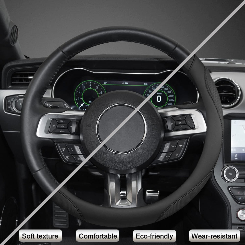 West Llama steering wheel cover on Ford Focus; non-slip inner design for better control.