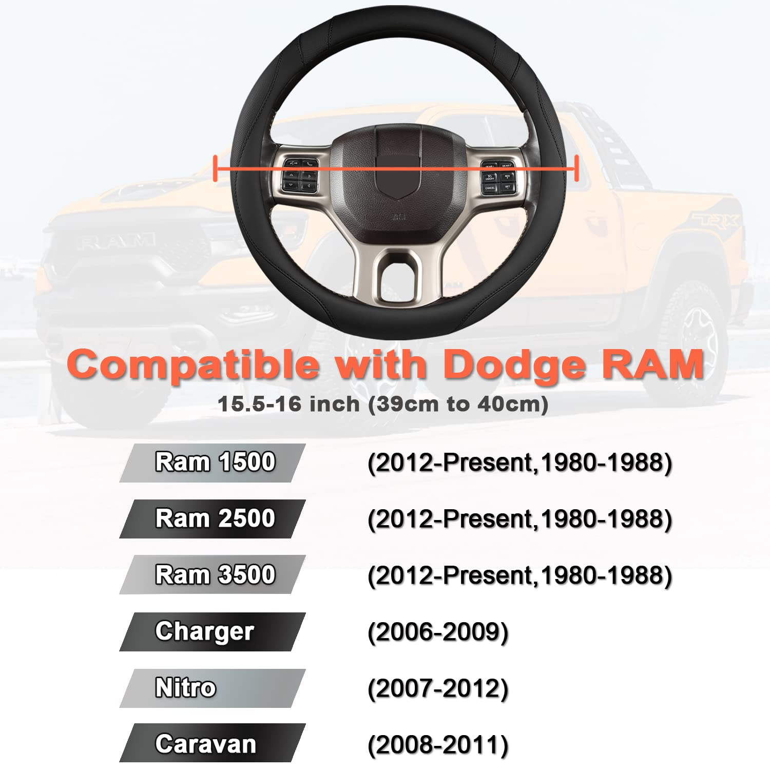 West Llama custom-fit steering wheel cover enhances RAM driving control.