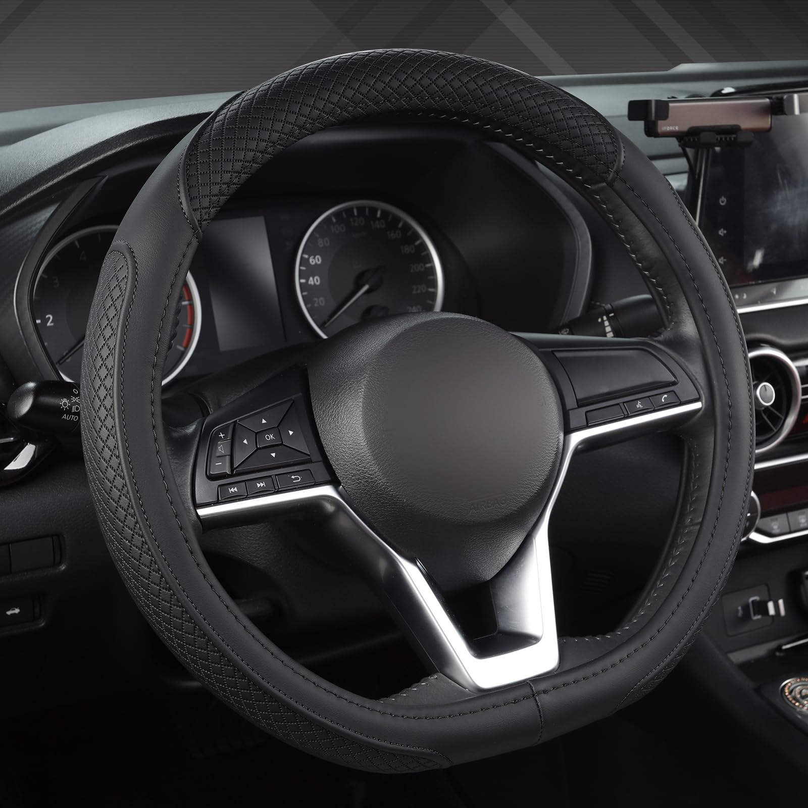 West Llama D-shaped black steering wheel cover on Nissan Rogue enhances grip and control.