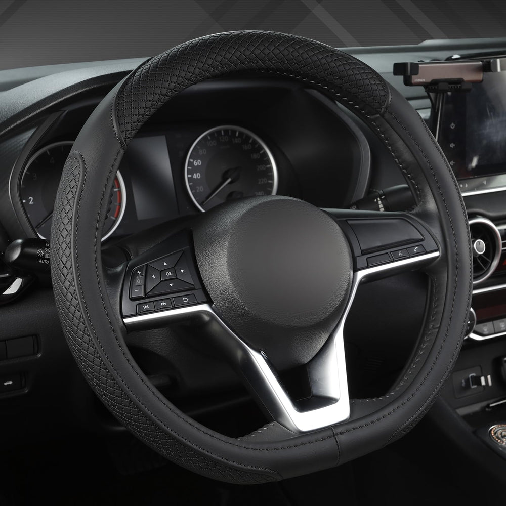 West Llama D-shaped black steering wheel cover on Nissan Rogue enhances grip and control.