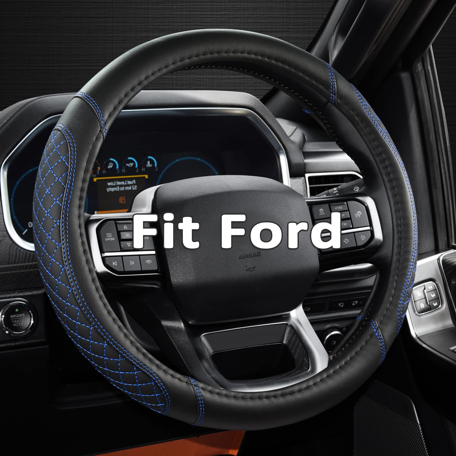 West Llama diamond quilted steering wheel cover, black and blue, front view showing fit.
