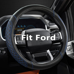 West Llama diamond quilted steering wheel cover, black and blue, front view showing fit.