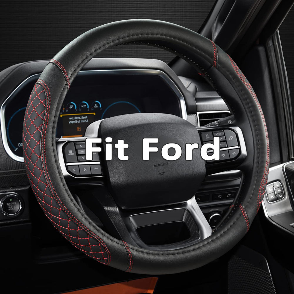 West Llama diamond-quilted steering wheel cover for Ford, enhances grip and style.