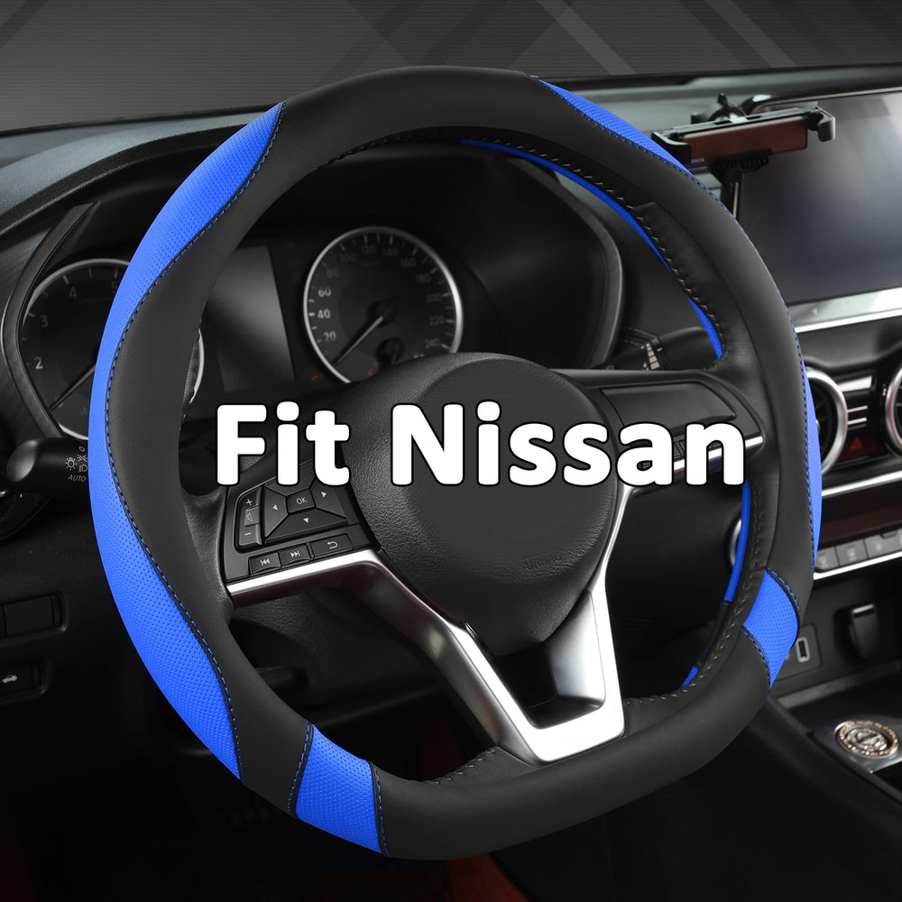 West Llama flat-bottom steering wheel cover for Nissan with D-shaped fit and blue accent